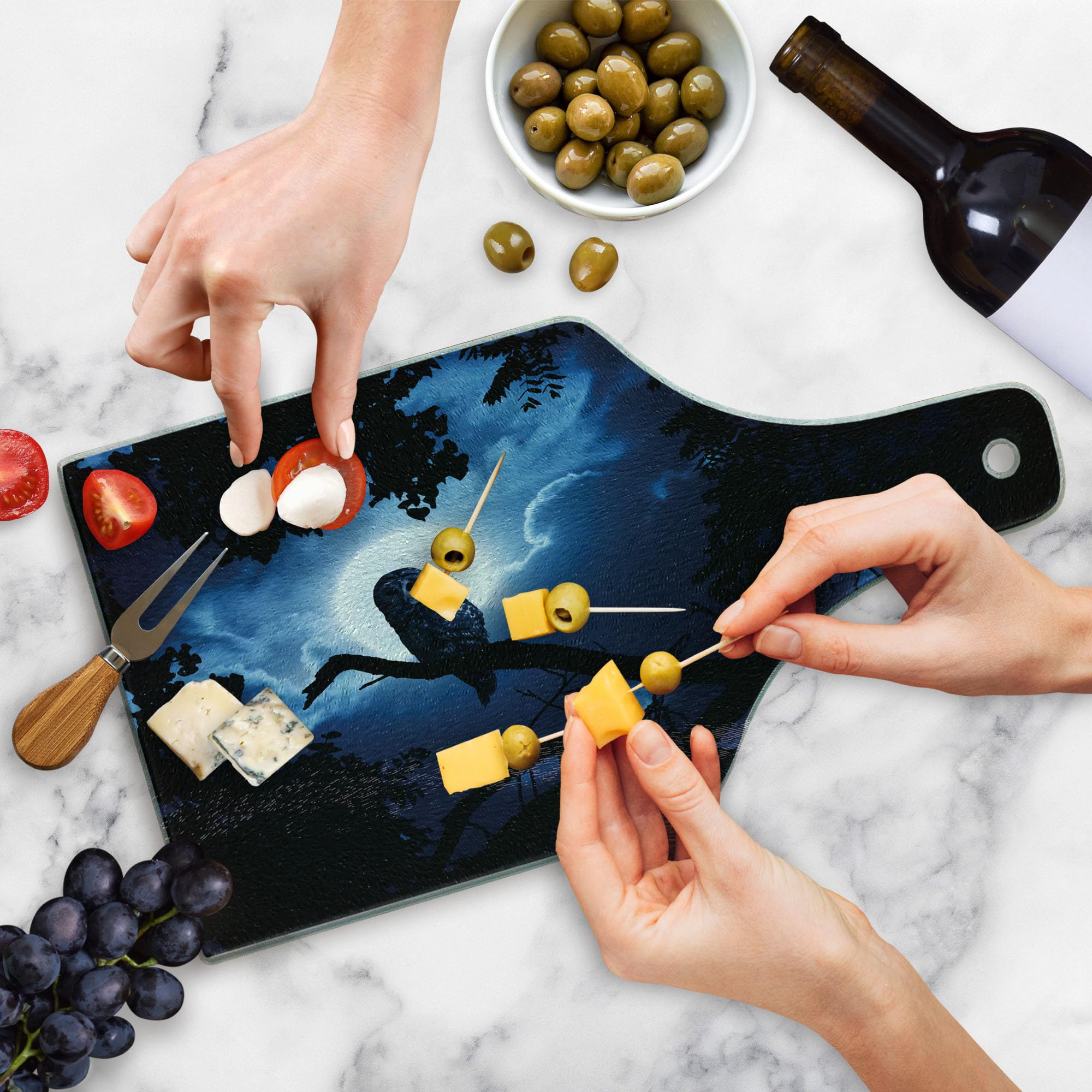 Ambesonne Night Themed Cutting Board - Tranquil Woods with Full Moon, Tall Trees & Owl on Branch - Tempered Glass Serving Board for Cheese, Charcuterie & Wine - Elegant Black Blue White Design - Perfect for Dinner Parties, Gifts & Home Decor