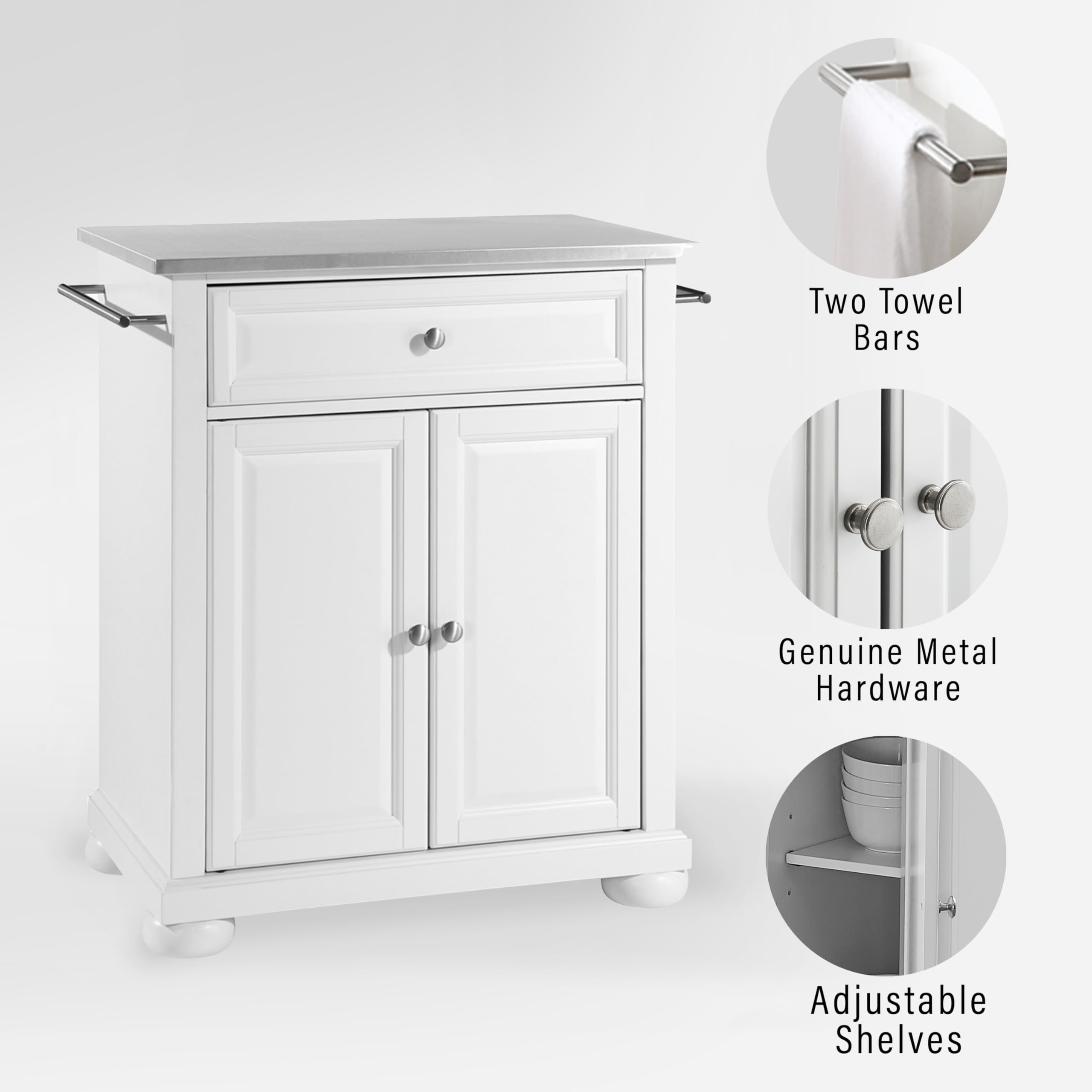 Crosley Alexandria Stainless Steel Top Rolling Kitchen Island Cart - White Small Microwave Stand with Storage | Perfect for Small Kitchens, Apartments & Dorm Rooms