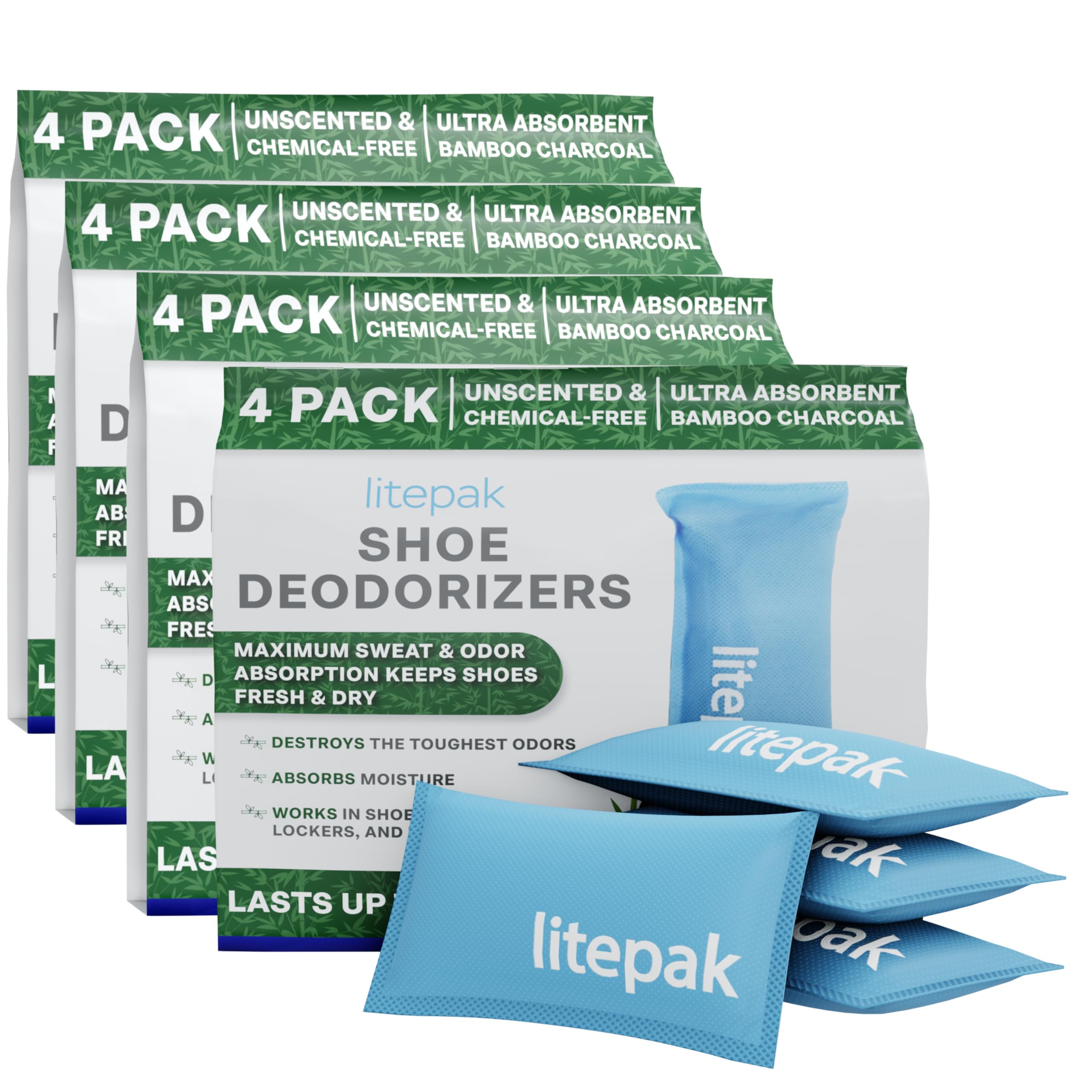 **Litepak Shoe Deodorizer & Odor Eliminator – 16 Pack Activated Charcoal Bags for Shoes, Gym Bags, Boots, Closet & Car – Natural Bamboo Air Freshener – Perfect for Sports, Travel & Daily Use**