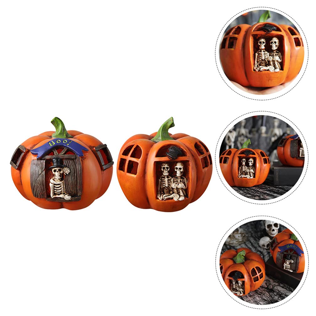 2pcs Halloween Pumpkin Table Lamp - Resin Jack-o-Lantern Night Light with Skull Design for Party Decor, Home & Office Halloween Decoration - Perfect for Spooky Atmosphere, Dinner Table Centerpiece & Holiday Lighting