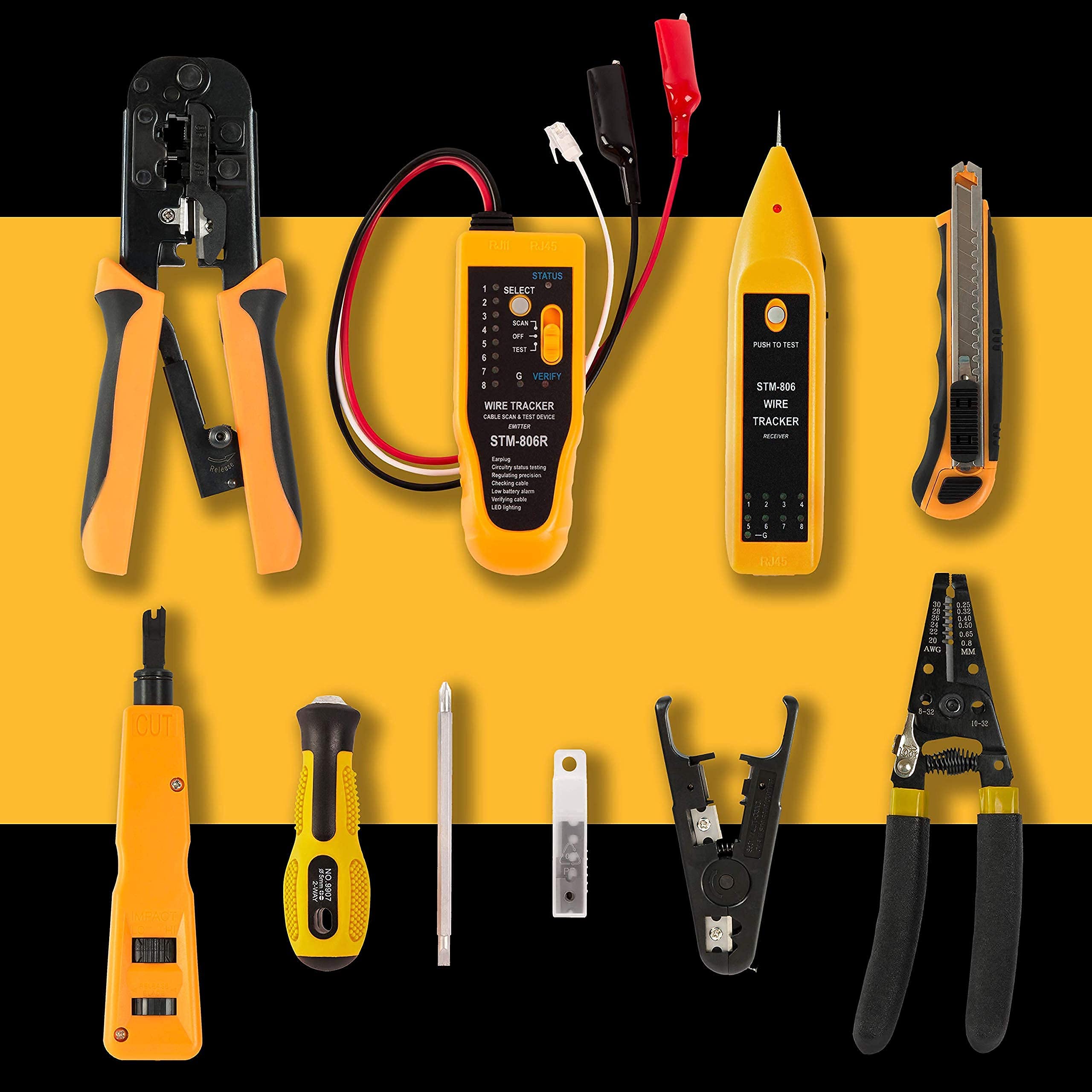 15 in 1 Network Repair Tool Kit with Crimping Tool, LAN/Ethernet/Cat5/Cat6 Cable Tester, Wire Stripper & 10 Pack CAT6 UTP Booted Cables - Professional Electronic Tool Set for Network Installation & Maintenance | Perfect for IT Technicians, Electricians & DIY Home Networking Projects