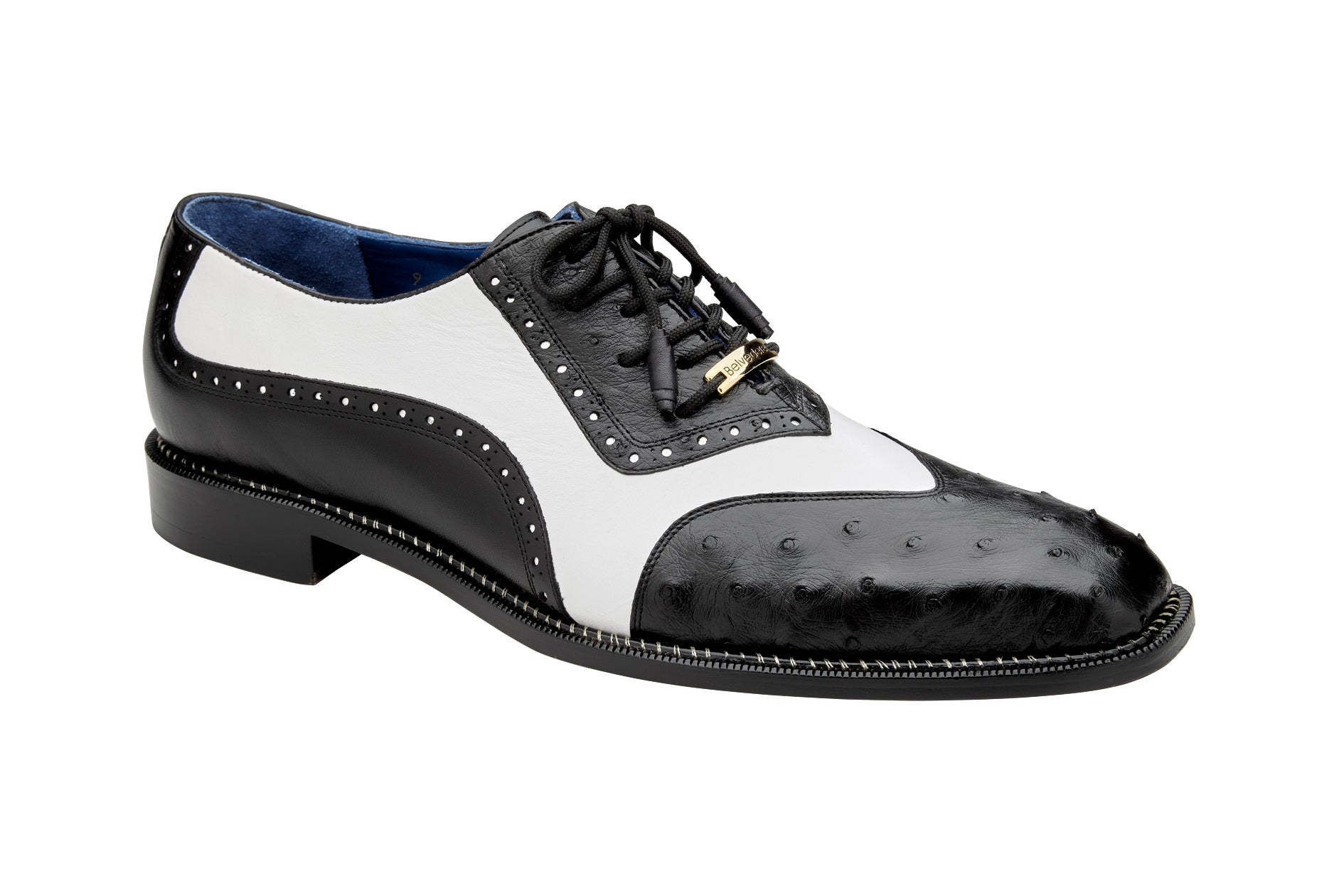 Belvedere Sesto Genuine Ostrich Quill & Italian Leather Wingtip Dress Shoes for Men - Black/White Size R54 | Premium Business Formal & Wedding Attire