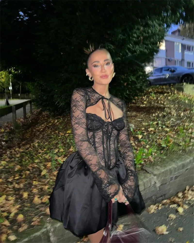 Sexy Black Lace Puffball Mini Dress for Women - Long Flare Sleeve Sheer Club Party Dress with Lace Up & High Waist | Perfect for Night Out, Date Night, and Special Occasions