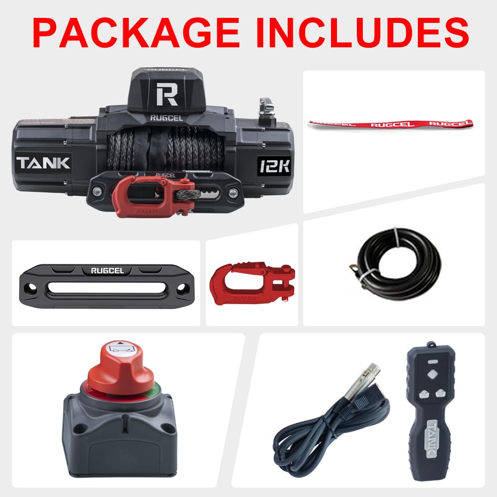 RUGCEL 12000lb Waterproof Electric Winch with Synthetic Rope - 12V Truck & SUV Winch Kit with Hawse Fairlead, 2-in-1 Remote Control (Infrared & Wired) - Ideal for Off-Roading, Recovery, Towing & Heavy-Duty Vehicle Use
