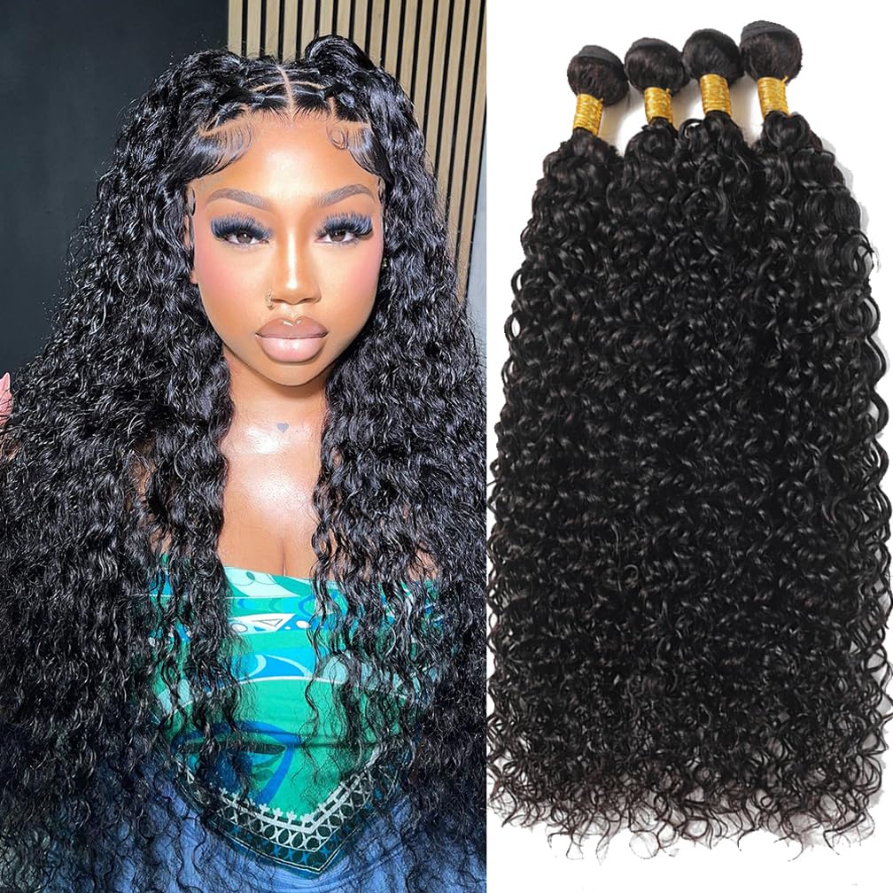 Borchan Brazilian Water Wave 4 Bundles Human Hair Extensions - 20 22 24 26 Inch Natural Black Curly Hair Weave for Black Women | Perfect for Daily Wear, Parties & Special Occasions