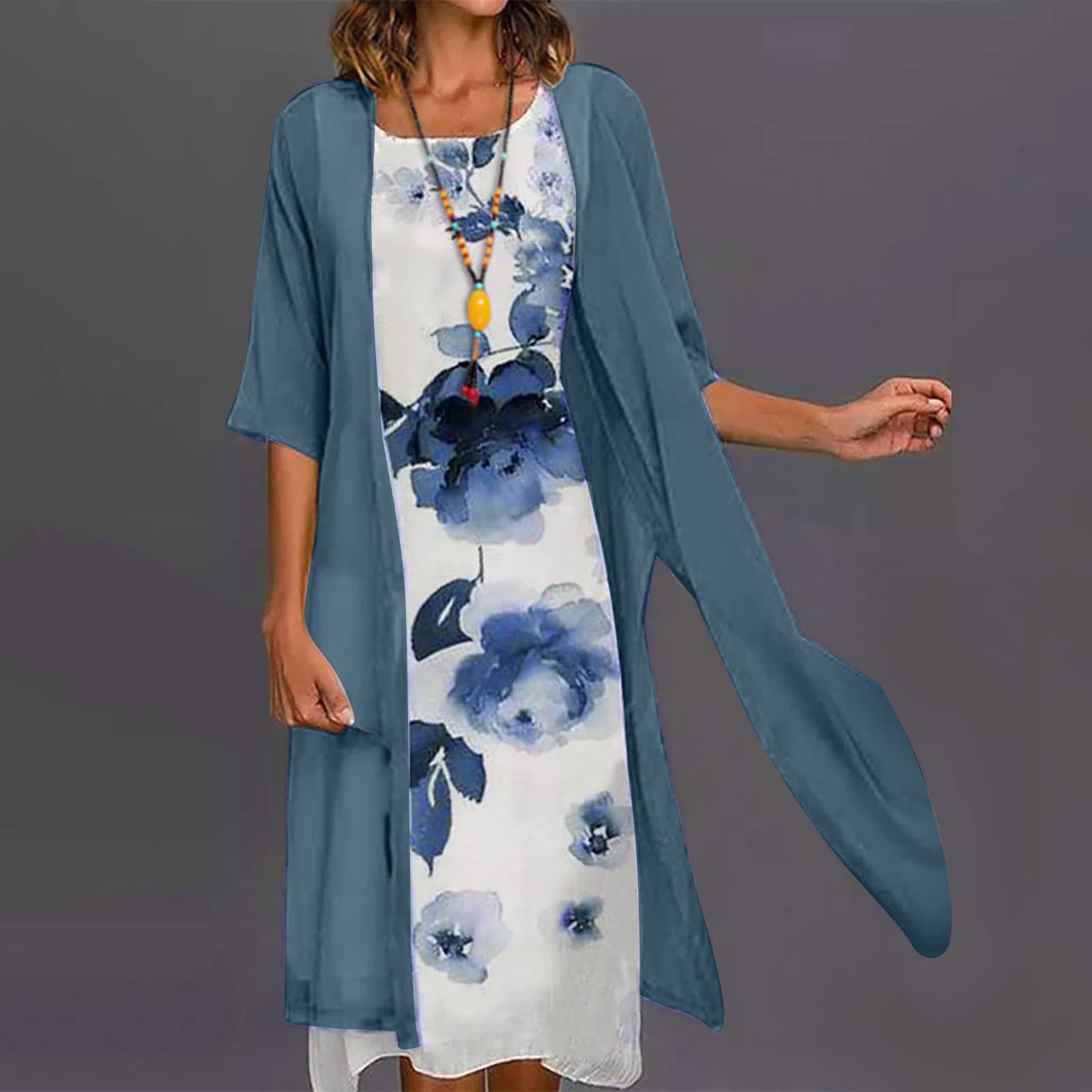 Plus Size Floral Chiffon Two Piece Dress for Women - Summer Sleeveless Crewneck Flowy Outfit - Perfect for Wedding Guest, Beach Vacation & Special Occasions
