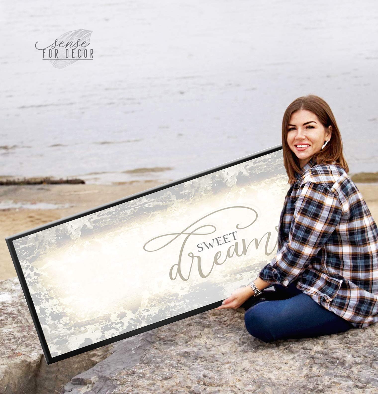 Sweet Dreams Wall Decor - Large Framed Canvas Wall Art for Master Bedroom, Above Bed Sign with Cream & Black Floating Frame (42x19) - Perfect for Home Decor, Housewarming Gifts & Cozy Bedroom Aesthetic