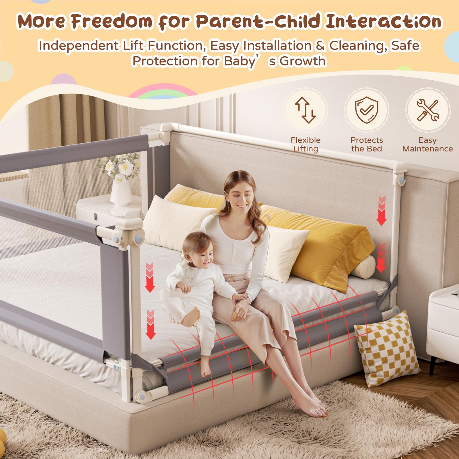 3-Piece King Size Bed Rail for Toddlers - Adjustable Safety Bed Guard for Kids & Baby, Anti-Roll Off Protection for King Beds - Perfect for Nursery, Daycare & Travel Use