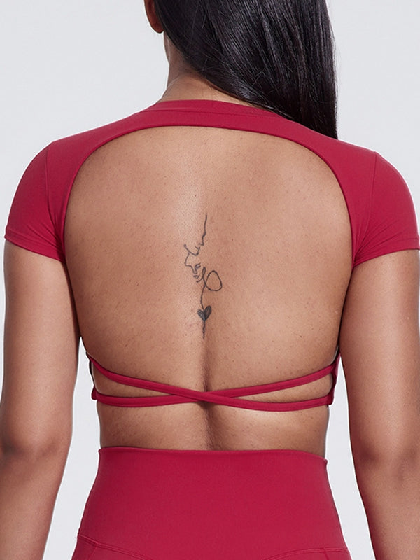 ZASUWA Women's Cross Back Backless Cropped Short Sleeve T-Shirt - Sexy Casual Top for Summer, Beach, Party & Night Out