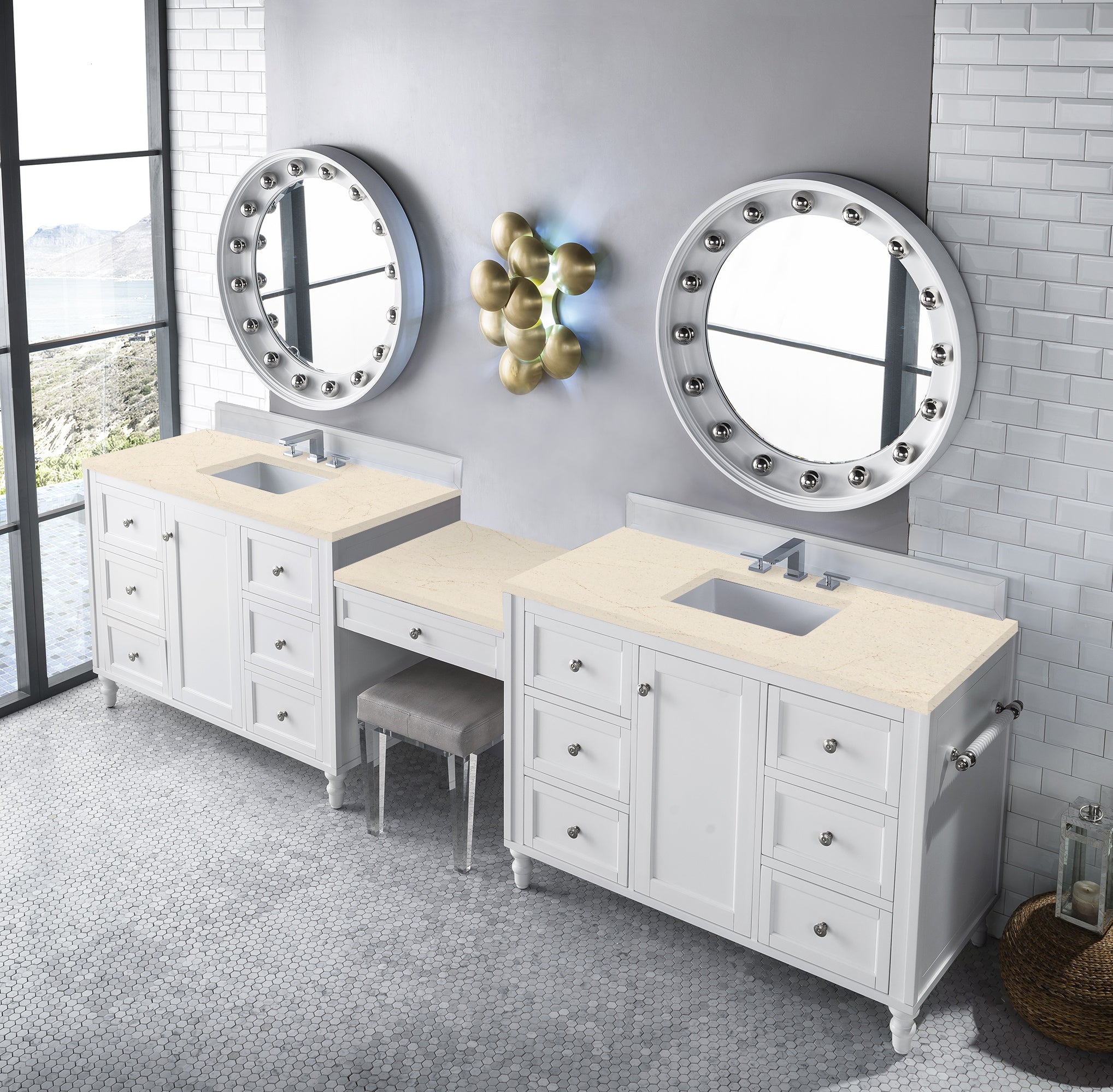 Copper Cove Encore 122 Double Vanity Set with Makeup Table - Bright White Finish & 3CM Eternal Marfil Quartz Top | Modern Bathroom Vanity for Master Bath, Guest Bath & Home Renovation