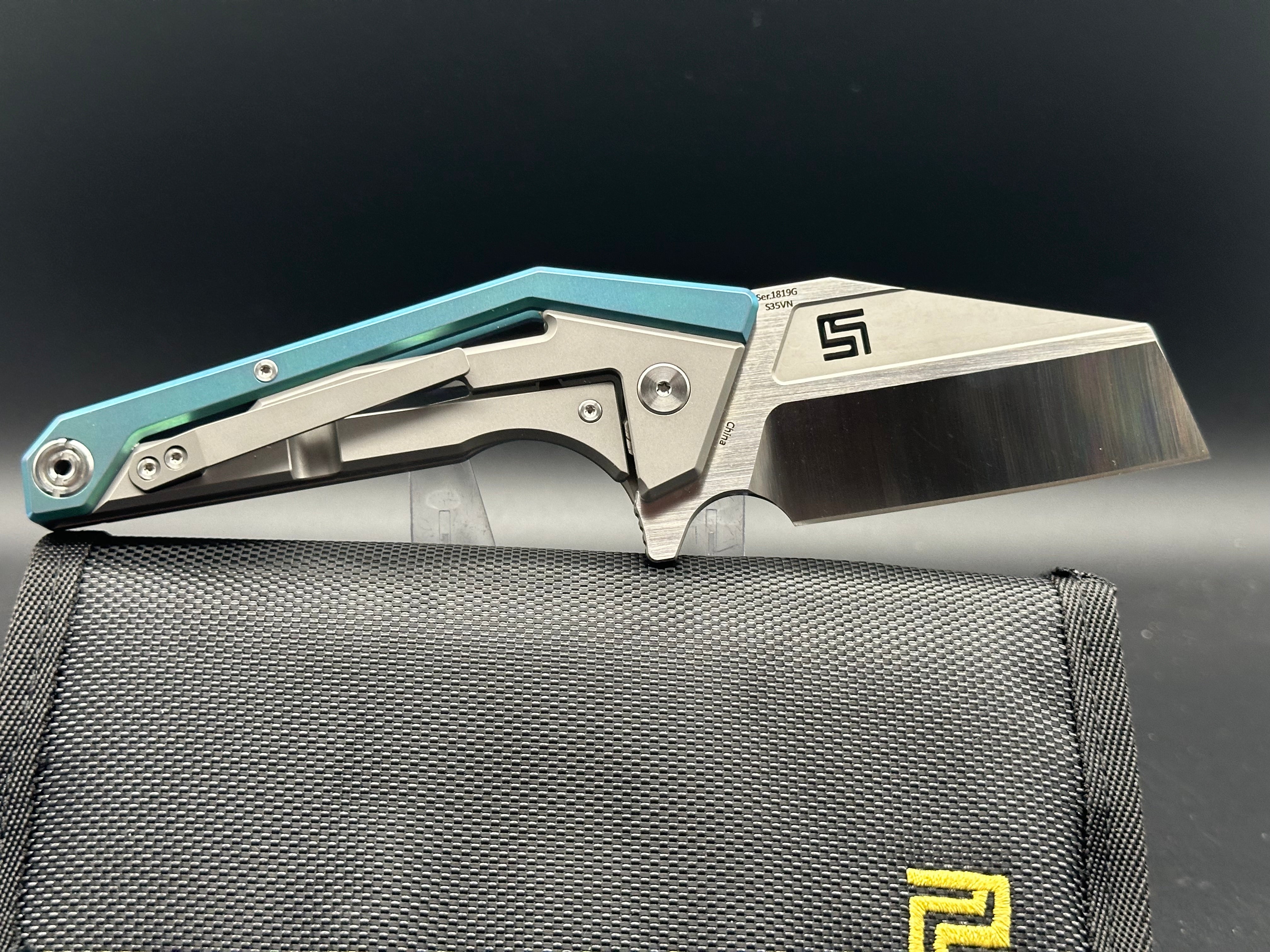Artisan Cutlery Ravine S35VN Folding Knife - Wharncliffe Blade, Green/Gray Titanium Handles - EDC Pocket Knife for Camping, Hiking & Outdoor Adventures