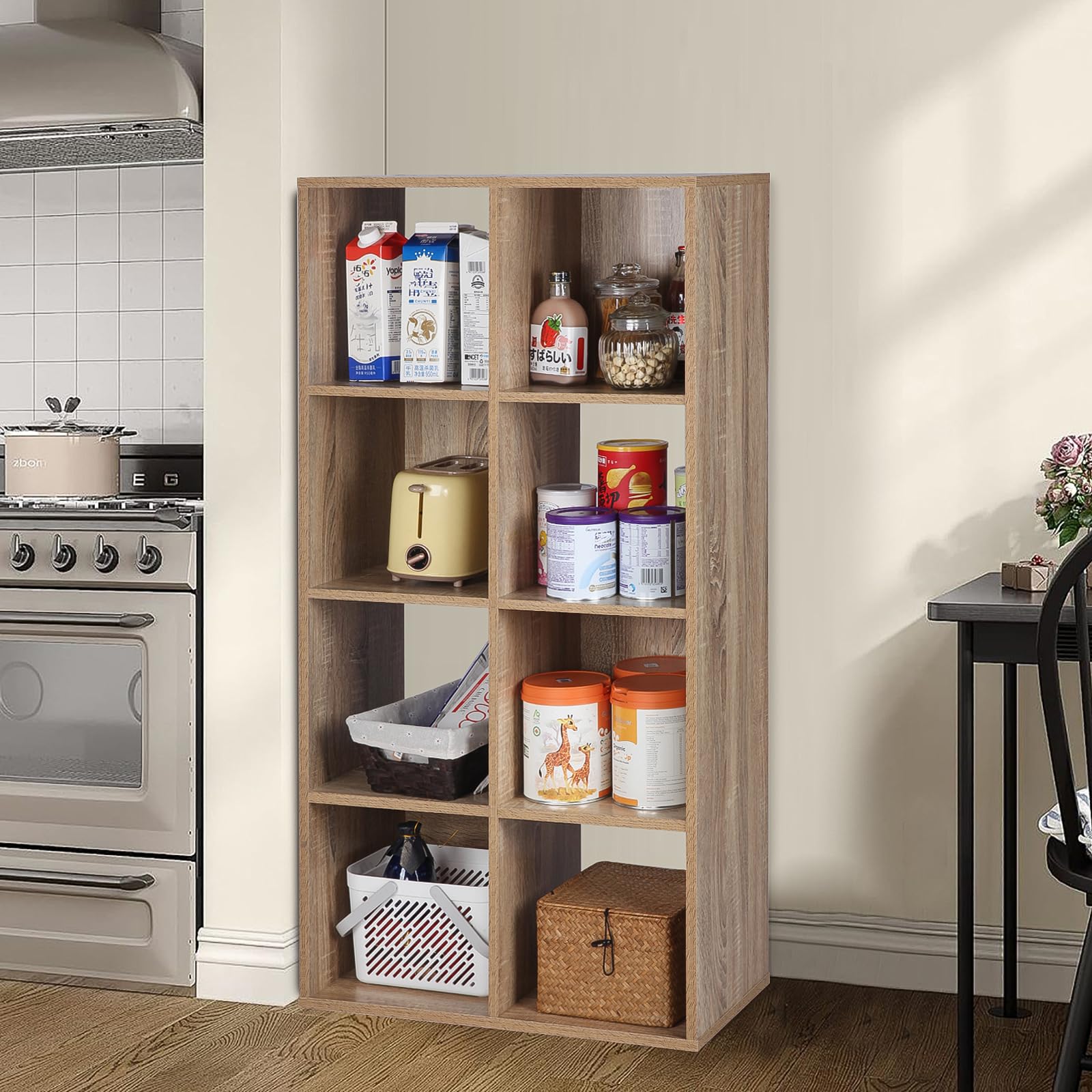 8-Cube Storage Bookshelf - Wooden Organizer Shelf for Study, Office & Living Room | Oak Finish Closet Cabinet | Space-Saving Home Decor Unit