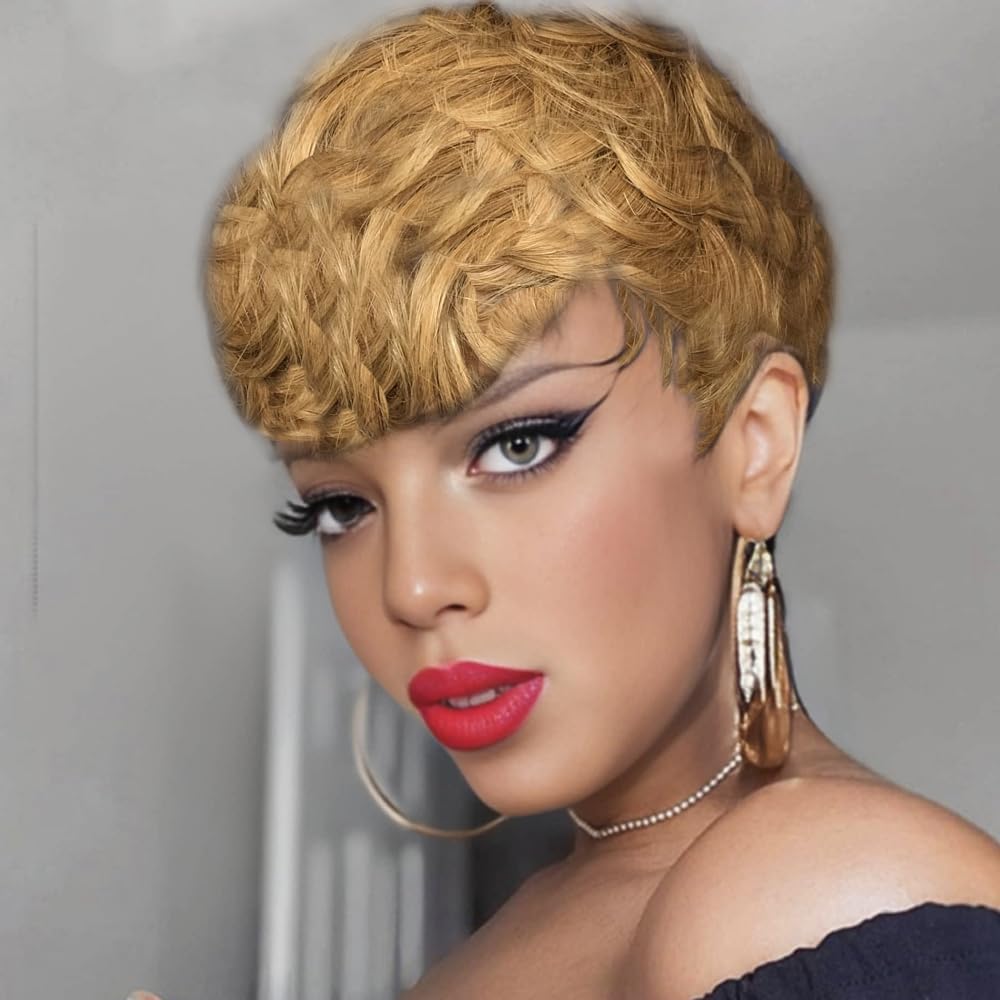 Short Blonde Pixie Cut Human Hair Wig for Black Women - Natural Wavy Layered 27# - Perfect for Everyday Wear, Cosplay & Special Occasions
