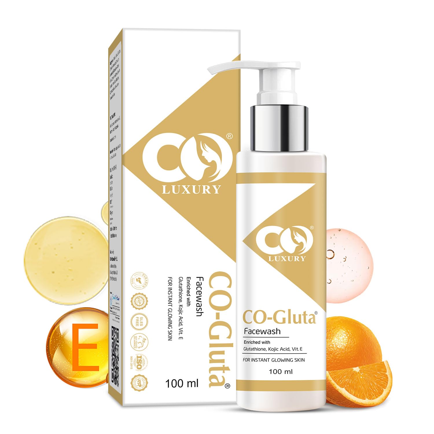 CO LUXURY Exfoliating Glutathione Face Wash with Vitamin C & E, Kojic Acid - Anti-Pigmentation, Skin Brightening, Oil Control & Hydrating Cleanser for Tan Removal (100ml) | Perfect for Daily Skincare Routine & Sun-Damaged Skin Repair