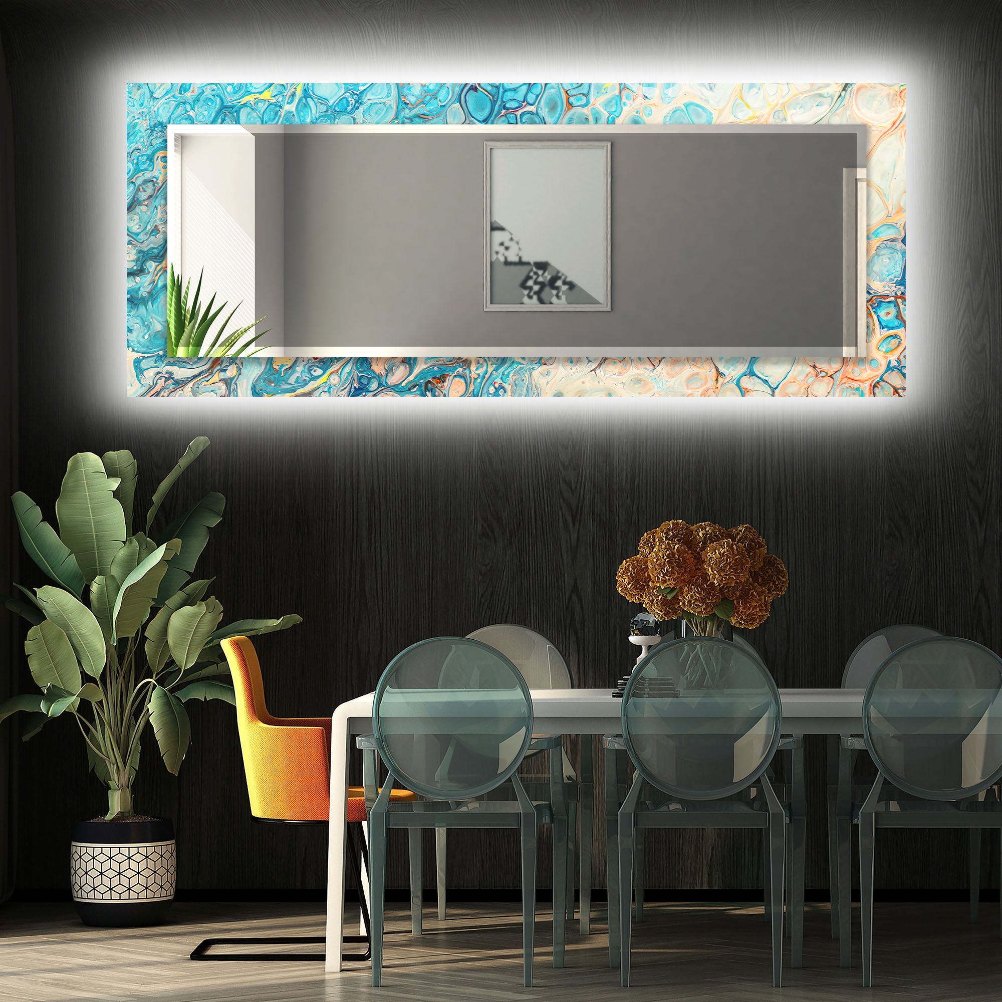 Blue & Beige Abstract Wall Mirror - Modern Decorative Round Mirror for Living Room, Bedroom, Entryway - Boho Home Decor Accent Piece for Wall Hanging