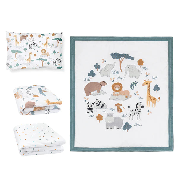 Day at the Zoo 4-Piece Nursery Bedding Set - Crib Bedding with Animal Print for Baby Boys & Girls - Perfect for Jungle Themed Nursery Decor