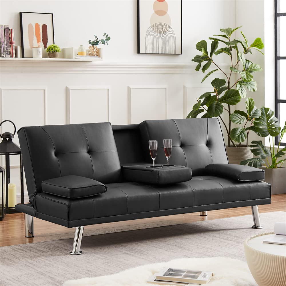 Modern Faux Leather Convertible Sofa Bed - Adjustable Recliner Sleeper with Removable Armrests, Metal Legs & 2 Cup Holders - Reversible Loveseat to Daybed for Small Spaces - Perfect for Guest Room, Dorm, Apartment & Home Office (Black)