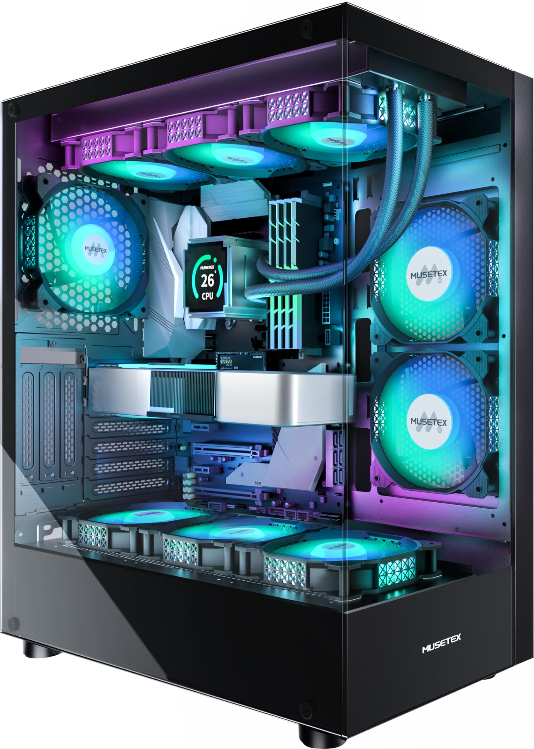 MUSETEX ATX Mid Tower PC Case with 6 Pre-Installed PWM ARGB Fans, USB Type-C Port & Dual Tempered Glass Panels - High Airflow Gaming Computer Case (Black, K2 Model) for Esports, Streaming & Workstation Builds