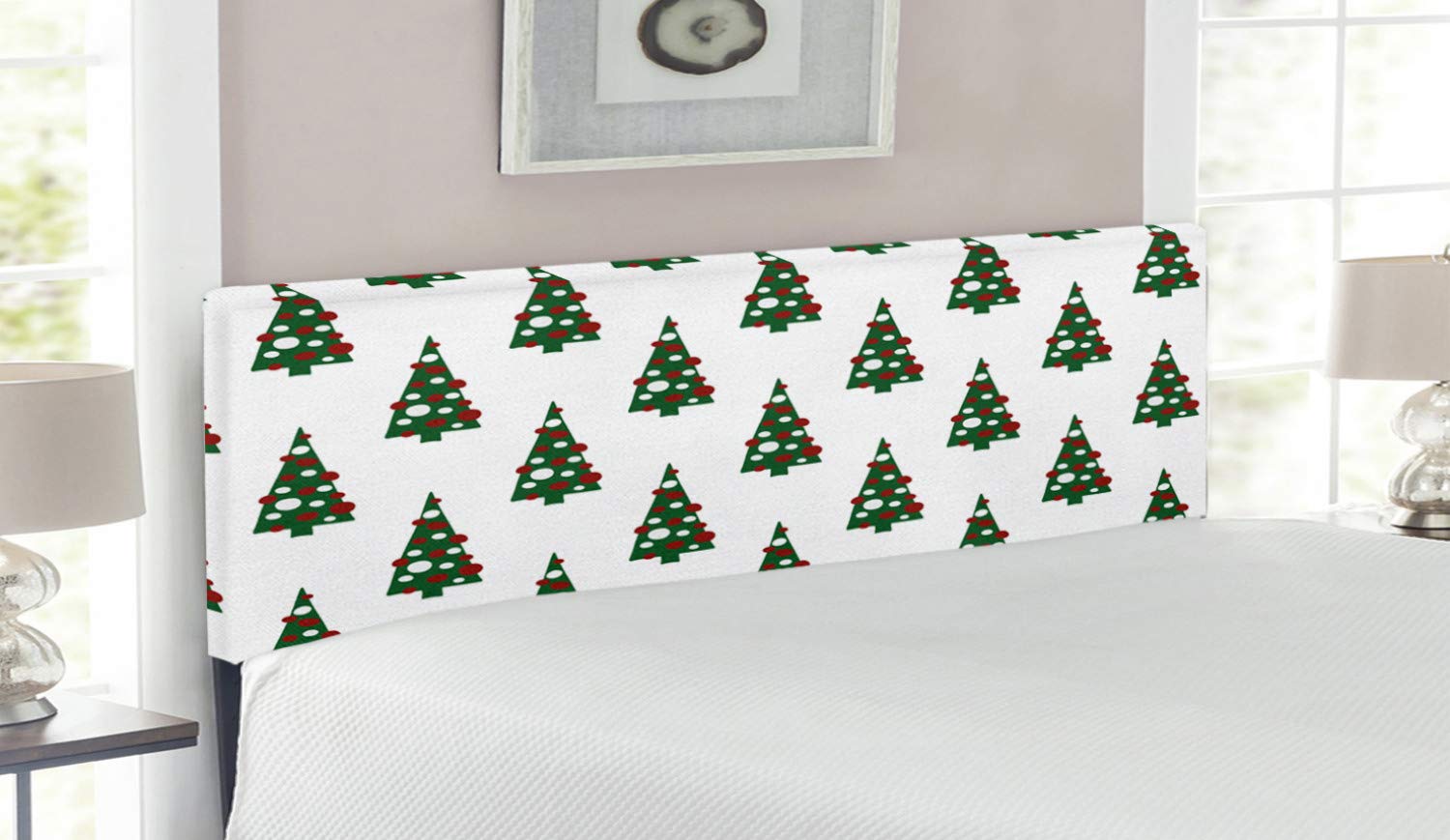 Ambesonne Geometric Upholstered Headboard - Christmas Tree Pattern Holiday Decor, Queen Size Metal Bed Frame with Memory Foam in Hunter Green, Ruby & White | Perfect for Bedroom Christmas Decorations & Seasonal Home Styling