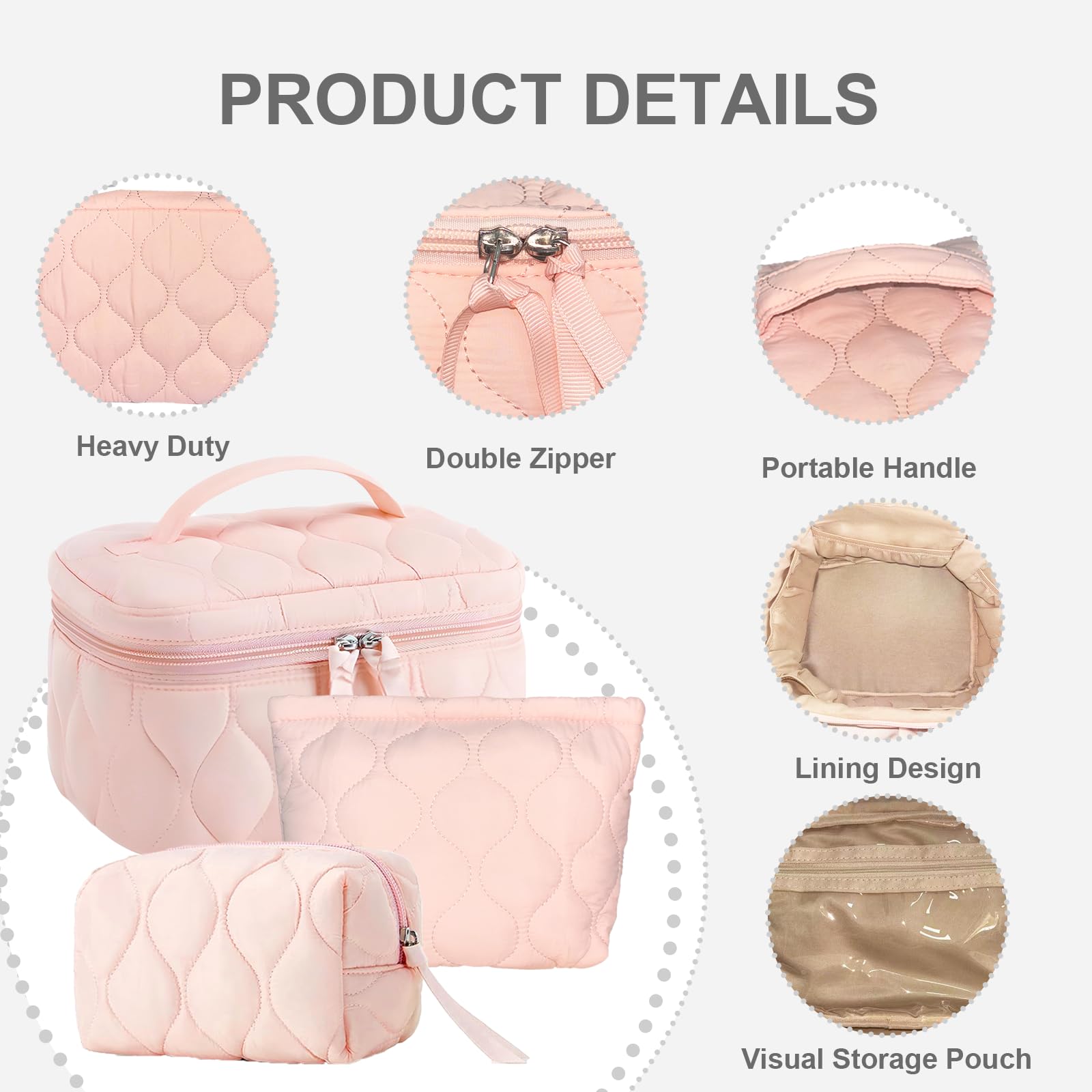 3 PCS Quilted Makeup Bag Set - Small Medium Large Cosmetic Organizer for Women & Girls, Cute Puffy Travel Toiletry Bags in Pink - Perfect for Travel, Gym, and Daily Beauty Storage
