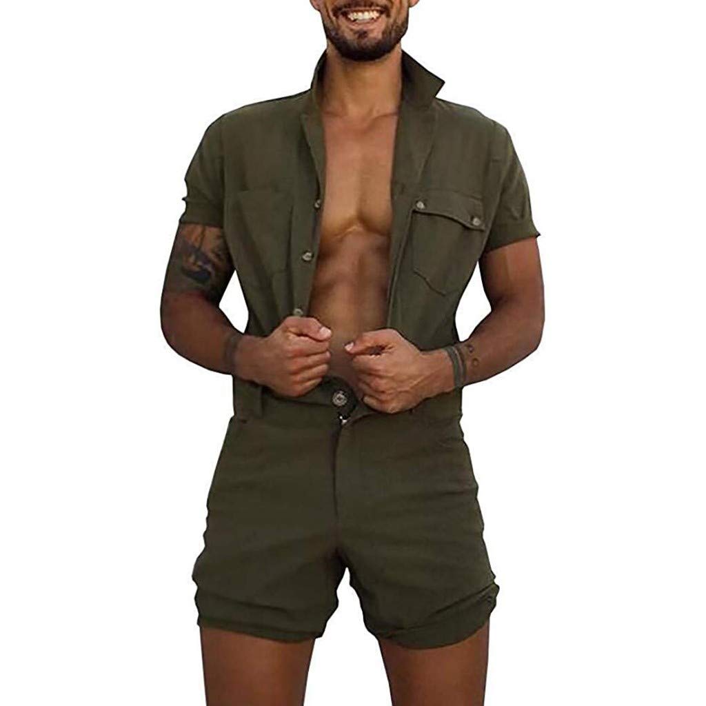 Large Home Pocket Men's Pure Color Jumpsuit - Fashionable Button-Up One Piece Outfit for Men | Perfect for Casual Wear, Work Uniforms & Outdoor Activities