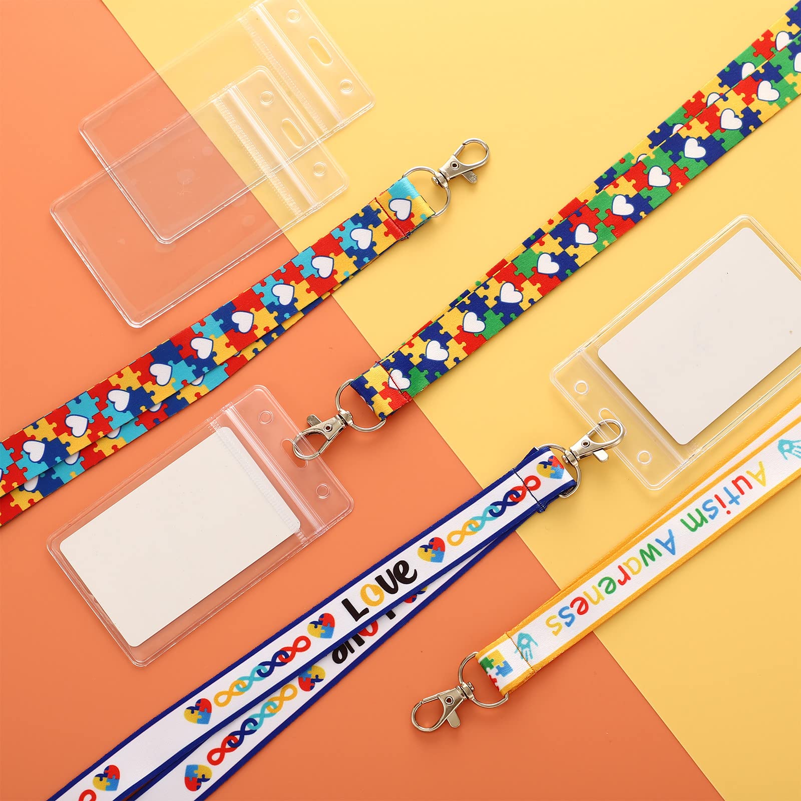 Autism Awareness Lanyard Set - 4 Puzzle Piece Keychains with ID Holders for School & Work