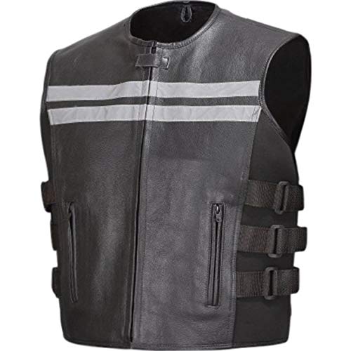 WICKED STOCK Men's Black Cowhide Leather Motorcycle Vest with Reflective Stripes - Biker Jacket for Harley Davidson Riding, Cruiser Bike Gear, Motorcycle Club Events & Outdoor Adventure