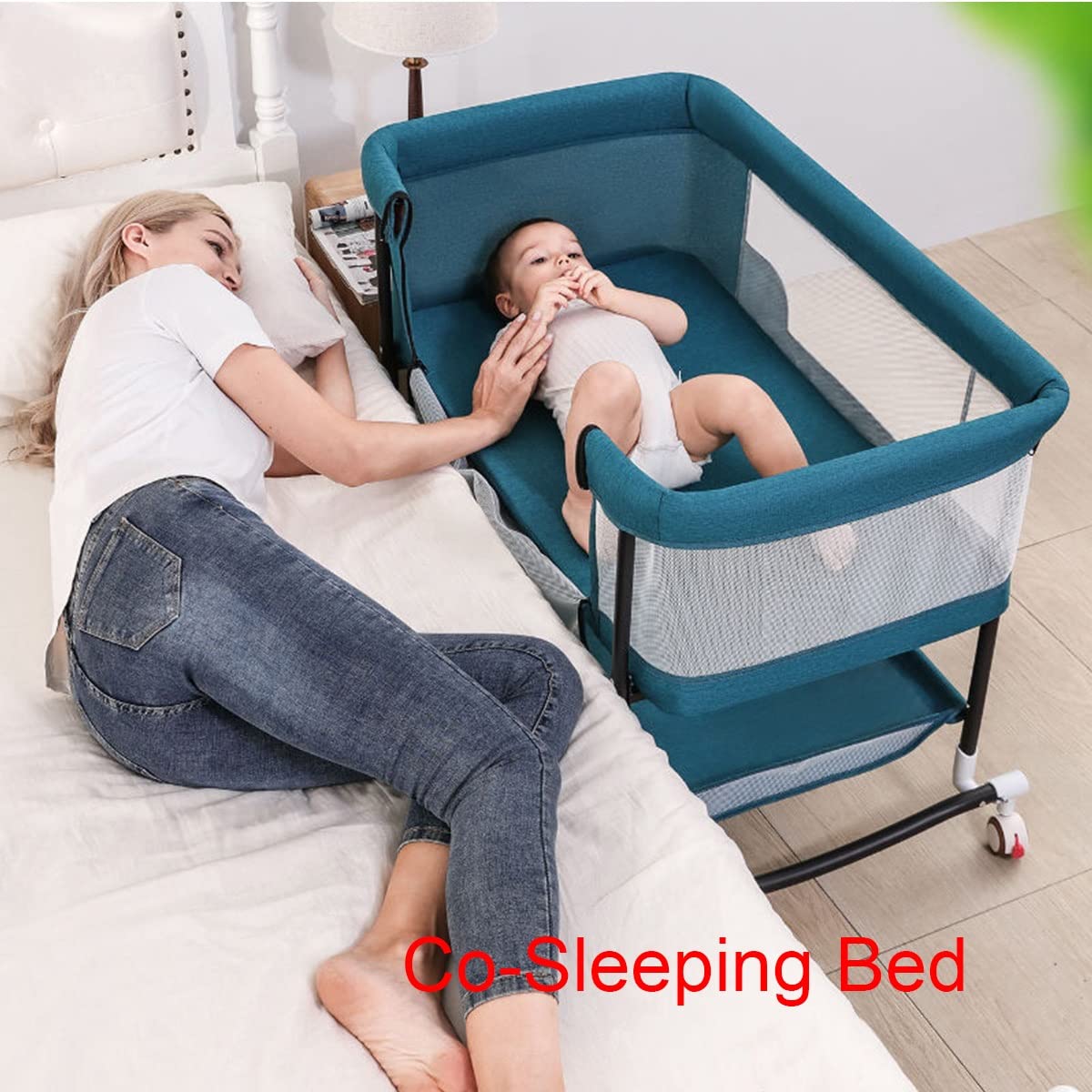 GENYS Adjustable Height Bedside Crib & Co-Sleeper for Babies 0-24 Months - Portable Rocker with Wheels, Mosquito Net & Breathable Mesh - Perfect for Nursery, Bedroom & Travel (Blue)