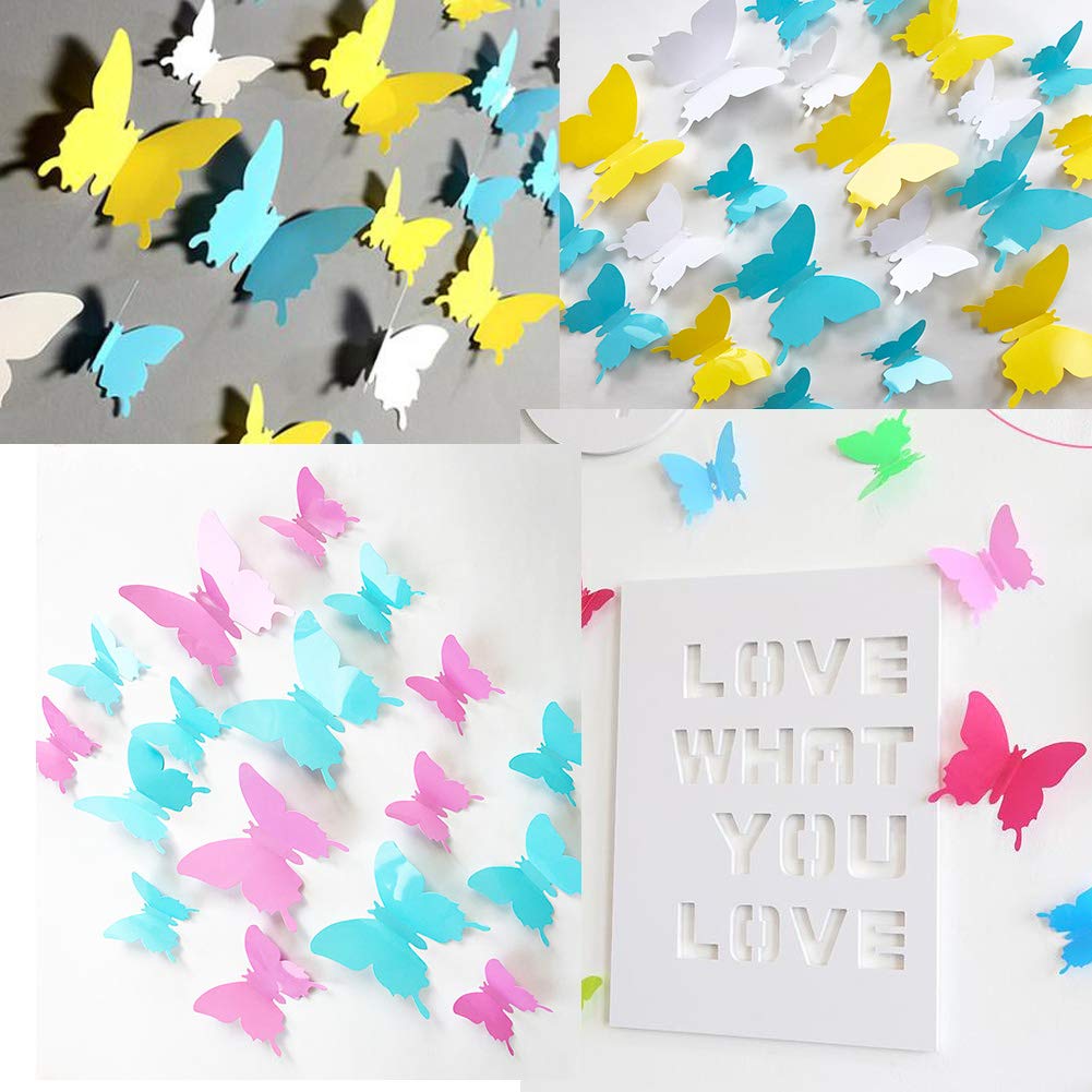 3D Yellow Butterfly Wall Decals - 24-Piece Removable Mural Stickers for Home Decor, Kids Room, Bedroom & Living Room - Perfect for Nursery, Dorm & DIY Wall Art Projects (Yellow)