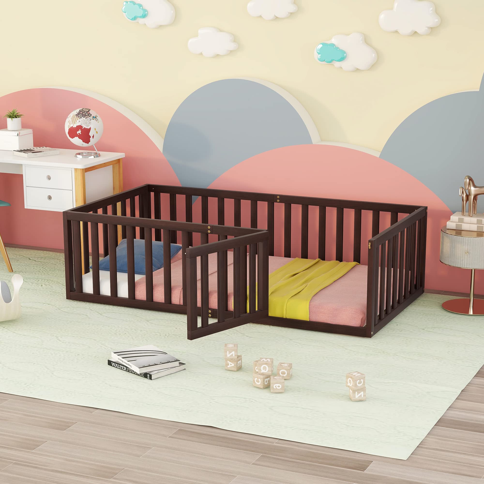 LZ LEISURE ZONE Twin Size Solid Wood Platform Bed Frame with Fence & Door - Espresso Finish Daybed for Kids Room, Guest Bedroom & Small Spaces