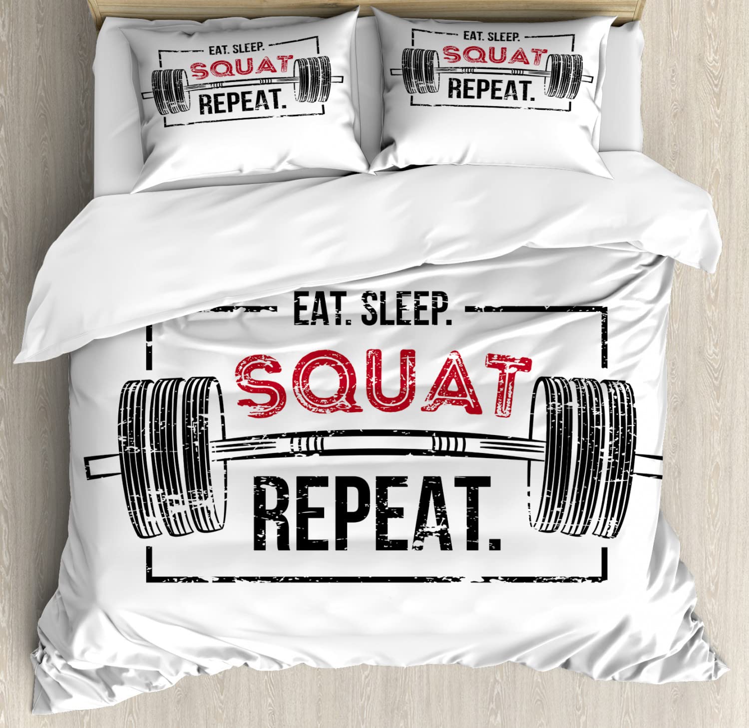 Ambesonne Gym Themed Duvet Cover Set - Eat Sleep Squat Design with Grunge Effect, 2-Pack King Size Bedding Set Includes 2 Duvet Covers & 4 Pillowcases (Vermilion/Black) - Perfect for Home Gym Enthusiasts and Fitness Lovers Bedroom Decor