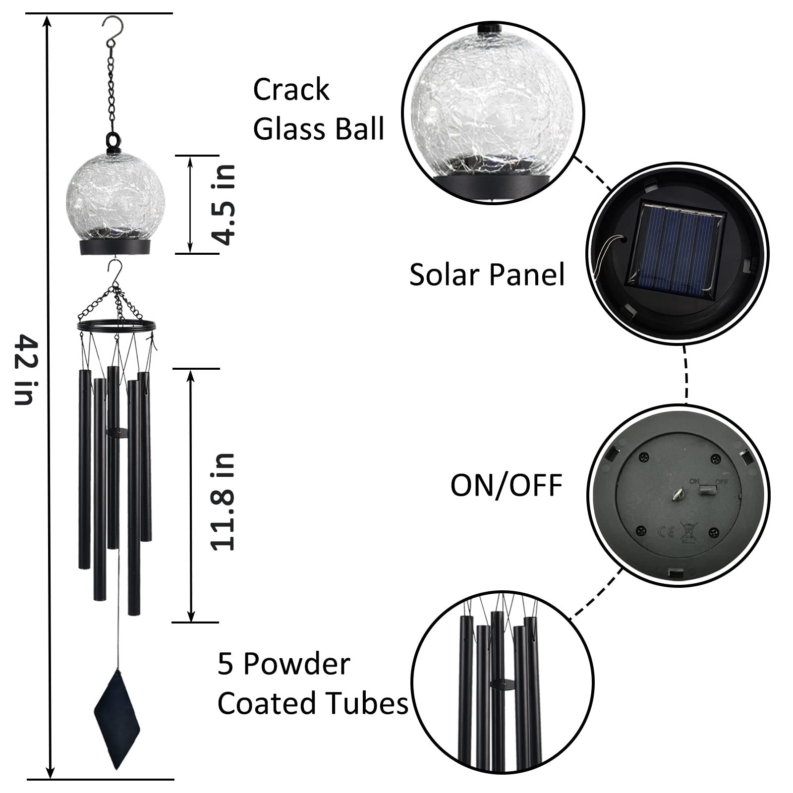 Solar-Powered Wind Chimes with 15 Blue LED Lights - 42 Inch Large Crackled Glass Ball Outdoor Decor for Garden, Yard, Patio - Perfect Sympathy Gift, Birthday Present for Women - Creates Soothing Ambiance for Relaxation & Landscape Decoration