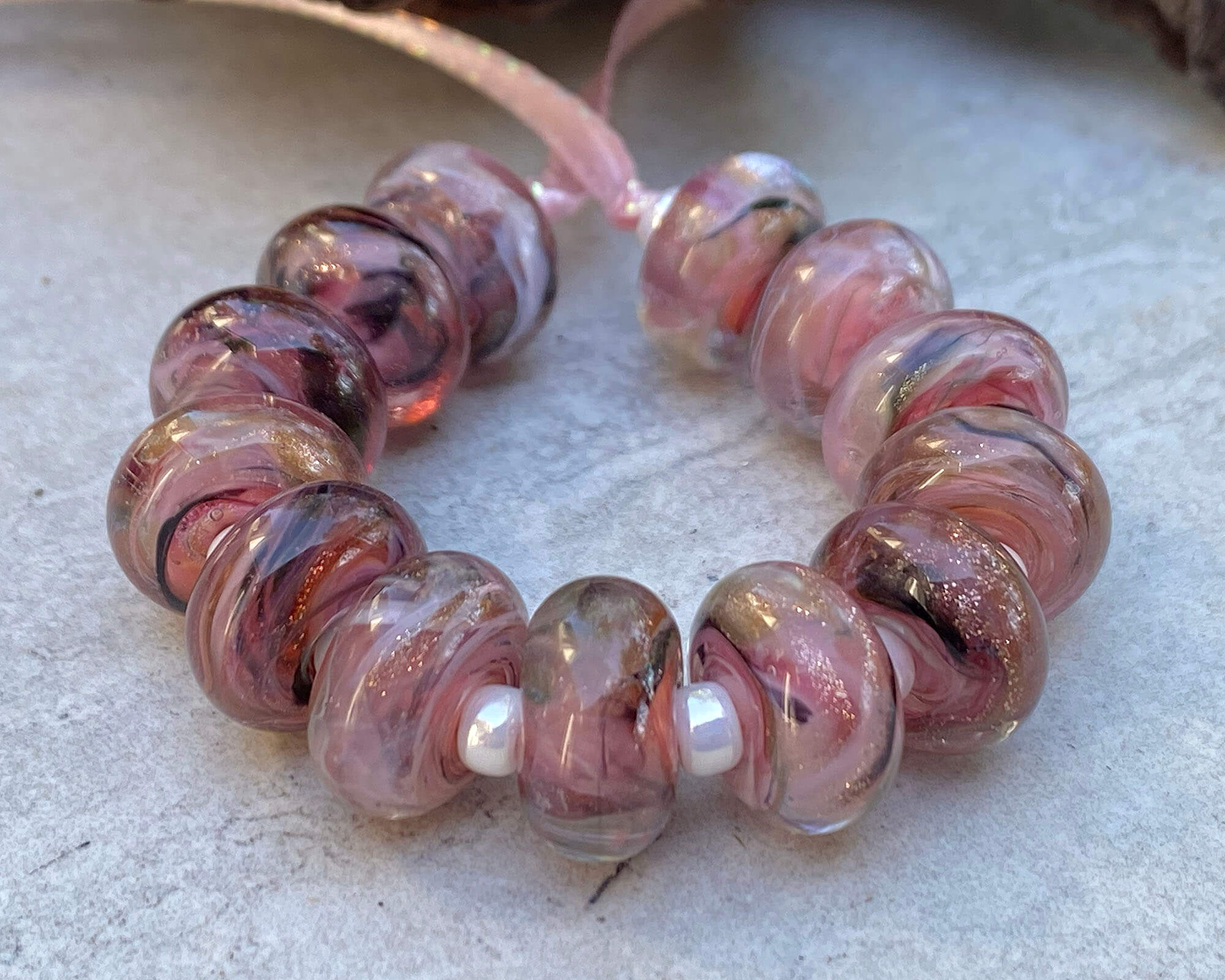 Mauve Pink Shimmer Lampwork Glass Beads Set - 100pcs Handmade Jewelry Making Supplies for Necklace, Bracelet DIY Craft Projects - Perfect for Boho, Wedding & Gift Making