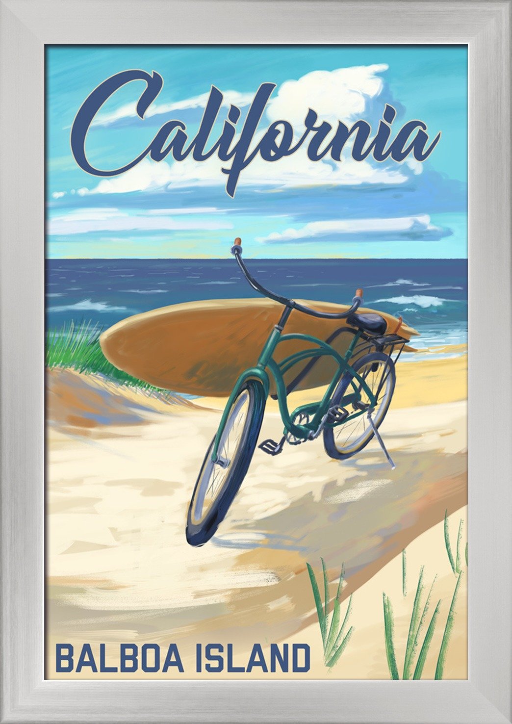 Balboa Island California Beach Cruiser Bicycle Art Print - 12x18 Giclee Fine Art on Recycled Wood Frame in Silver - Perfect for Coastal Home Decor & Beach House Wall Art