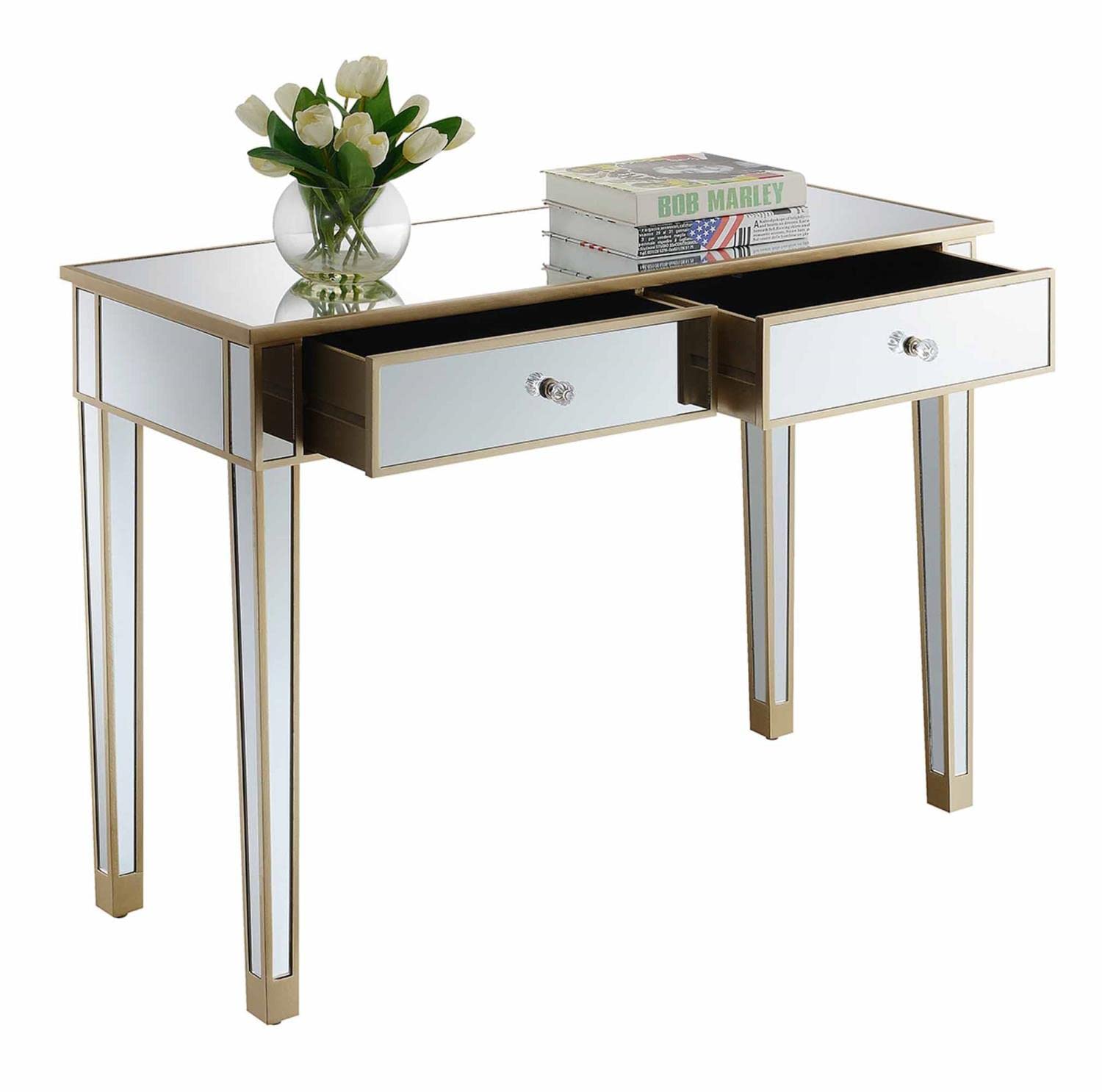 Convenience Concepts Gold Coast Desk - Champagne Finish with Mirror Top | Stylish Home Office & Study Desk for Small Spaces