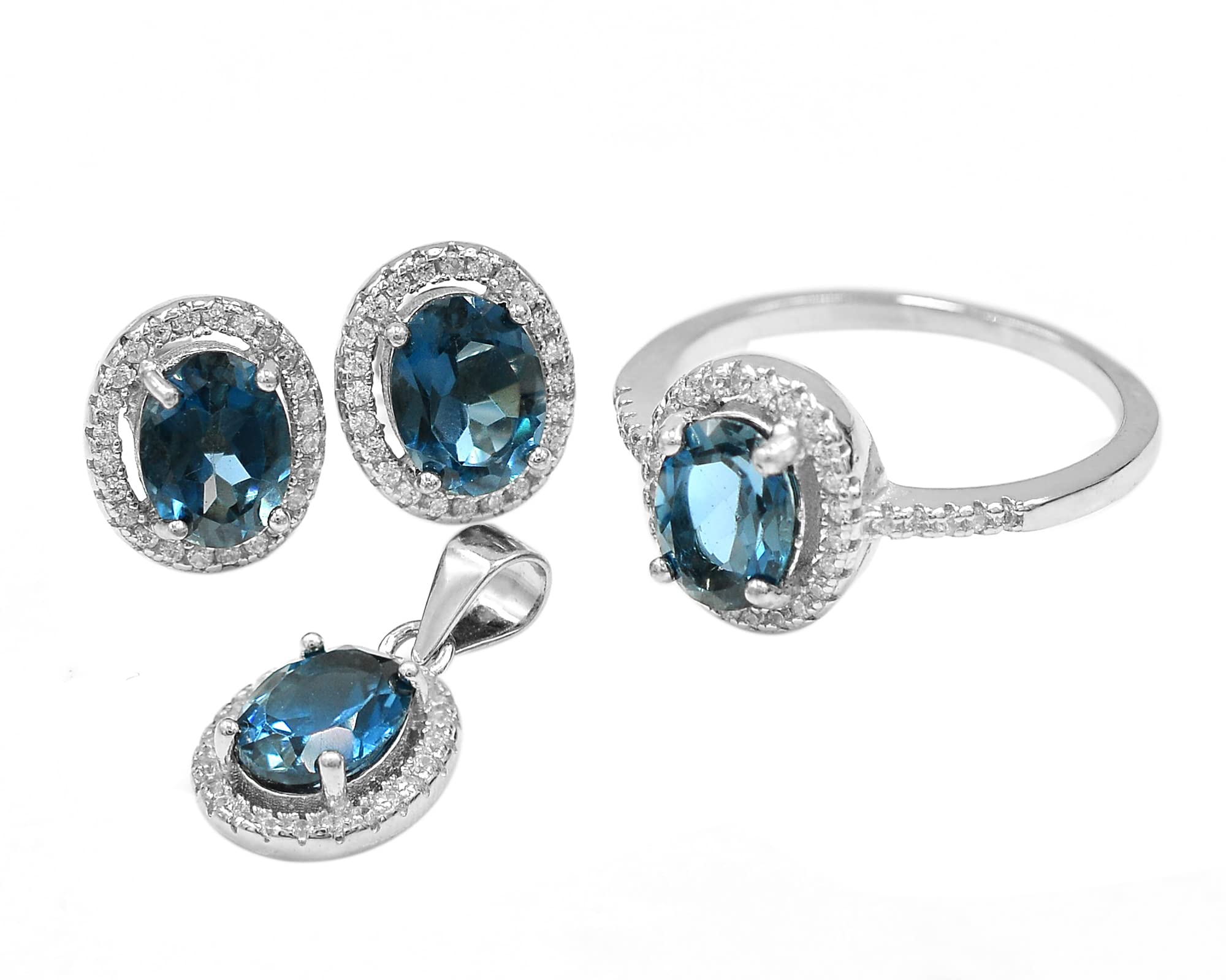 925 Sterling Silver London Blue Topaz Jewelry Set - 8x6mm Natural Gemstone Ring, Earrings & Pendant for Women | December Birthstone Gift, Unisex Proposal Present for Girlfriend, Christmas Gift Idea | Perfect for Anniversaries, Engagements & Special Occasions