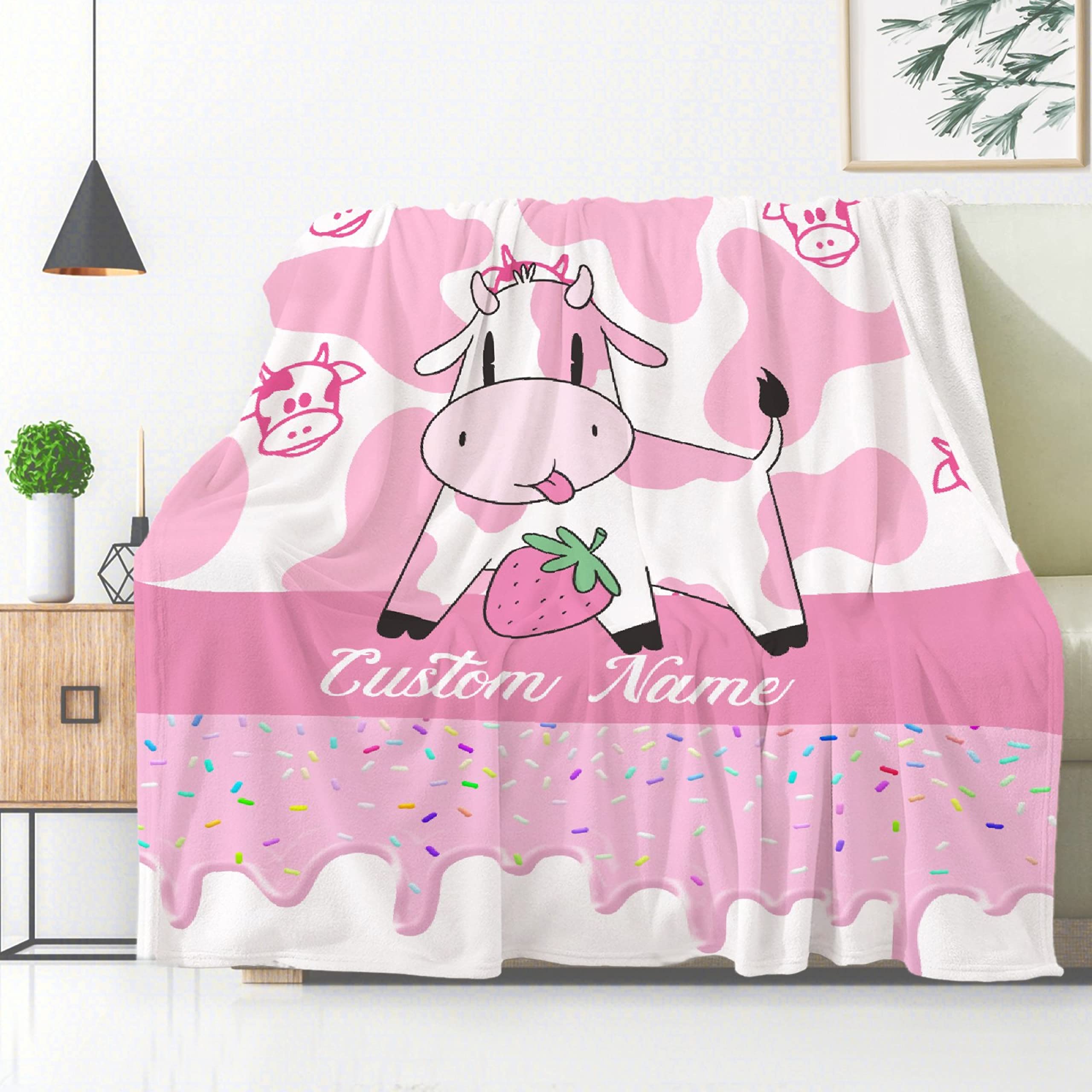 Custom Personalized Cute Strawberry Cow Throw Blanket with Name - Soft Flannel 60
