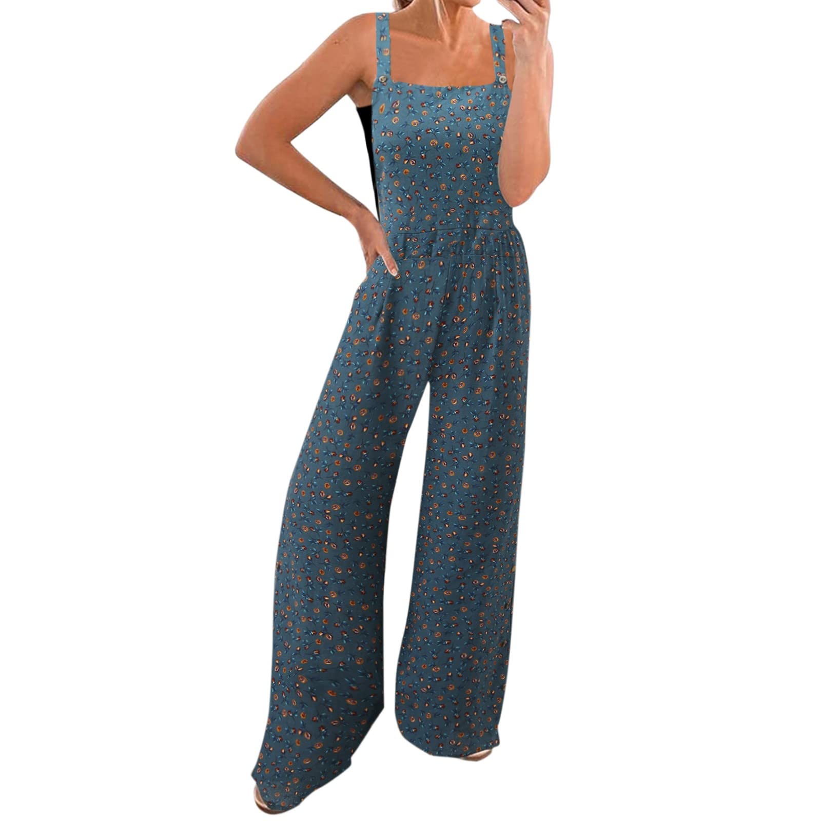 Floral Printed Jumpsuits for Women - Casual Sleeveless Embroidery Plus Size Rompers with Wide Leg & Baggy Bib Overalls | Summer Outfits, Beach Wear, Boho Fashion