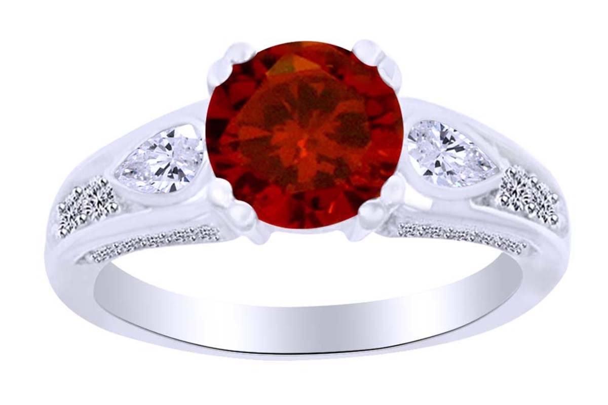 925 Sterling Silver Round Simulated Garnet & Pear Cut White Cubic Zirconia Solitaire Ring | Elegant Jewelry for Women, Perfect for Weddings, Anniversaries & Special Occasions