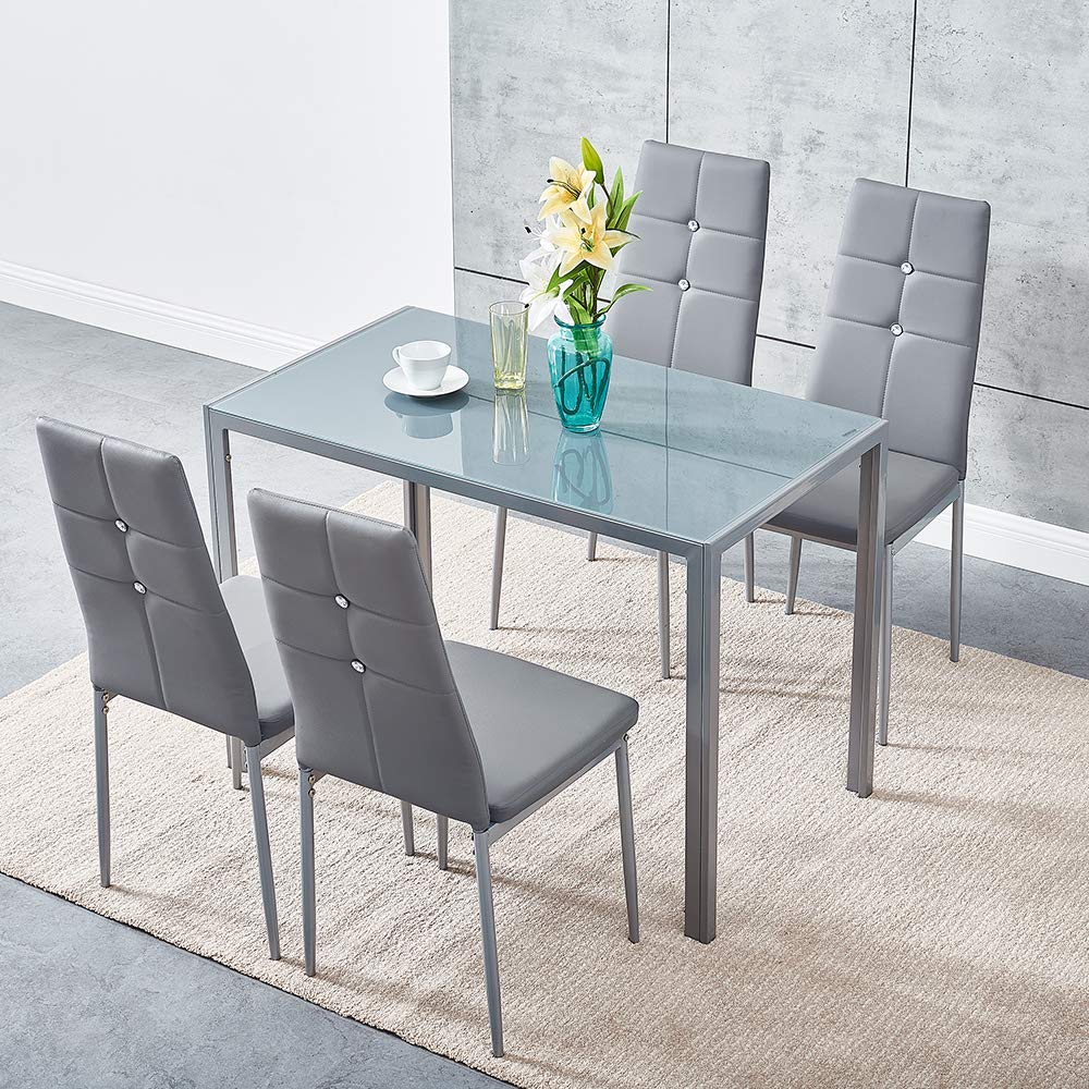 Modern Glass Dining Table Set with 4 Faux Leather Chairs - 105