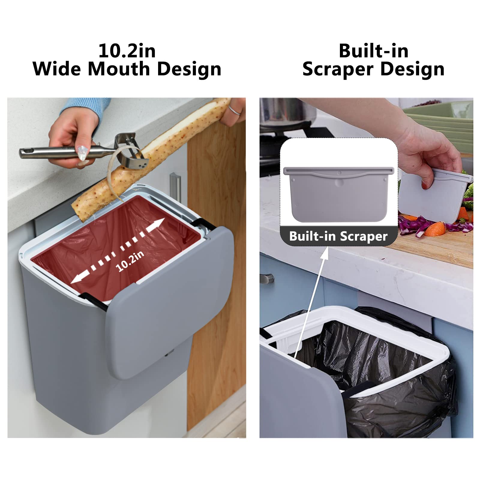 TOPROAD 2.4 Gallon Wall Mounted Kitchen Trash Can with Lid - Small Waste Bin for Countertop, Under Sink, Bathroom, Bedroom, Office & Camping - Space Saving Grey Compost Bin for Home & Outdoor Use