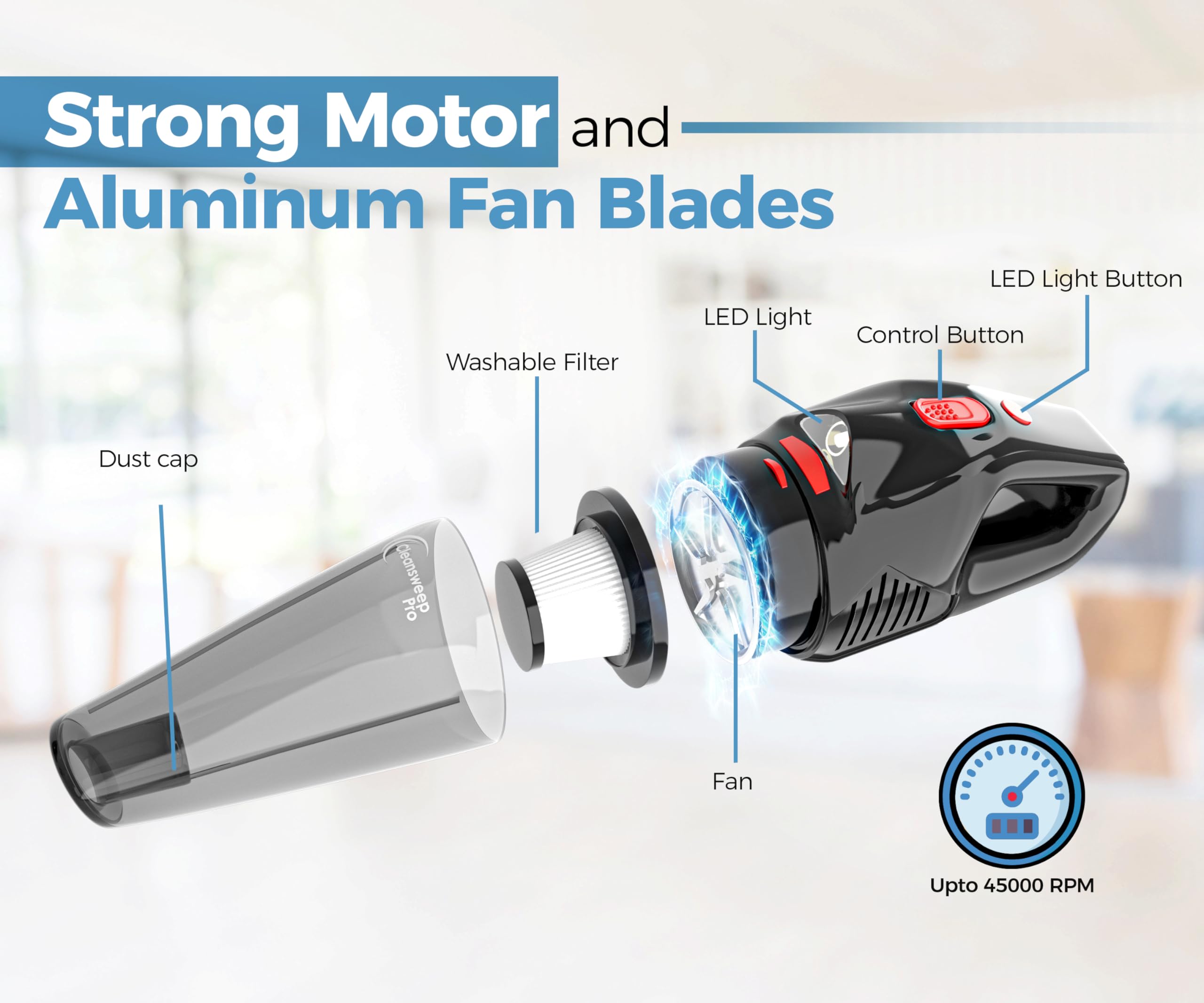 Portable Car Vacuum Cleaner - 9000Pa Powerful Suction, 12V DC Wired Vacuum with 16ft Cord, LED Light & Quiet Operation - Ideal for Car Detailing, Home & Office Cleaning - Perfect Car Accessory for Men & Women