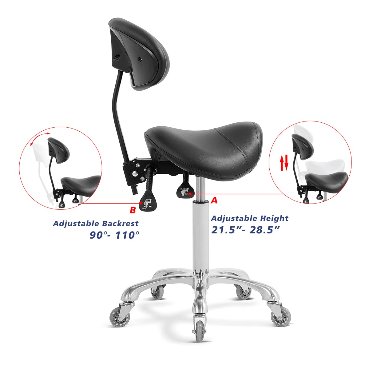 **Ergonomic Rolling Saddle Stool with Back Support - Adjustable Tattoo, Dental & Lash Stool for Estheticians, Massage & Salon Professionals (Black, Backrest Included) - Perfect for Tattoo Studios, Beauty Salons & Medical Clinics**