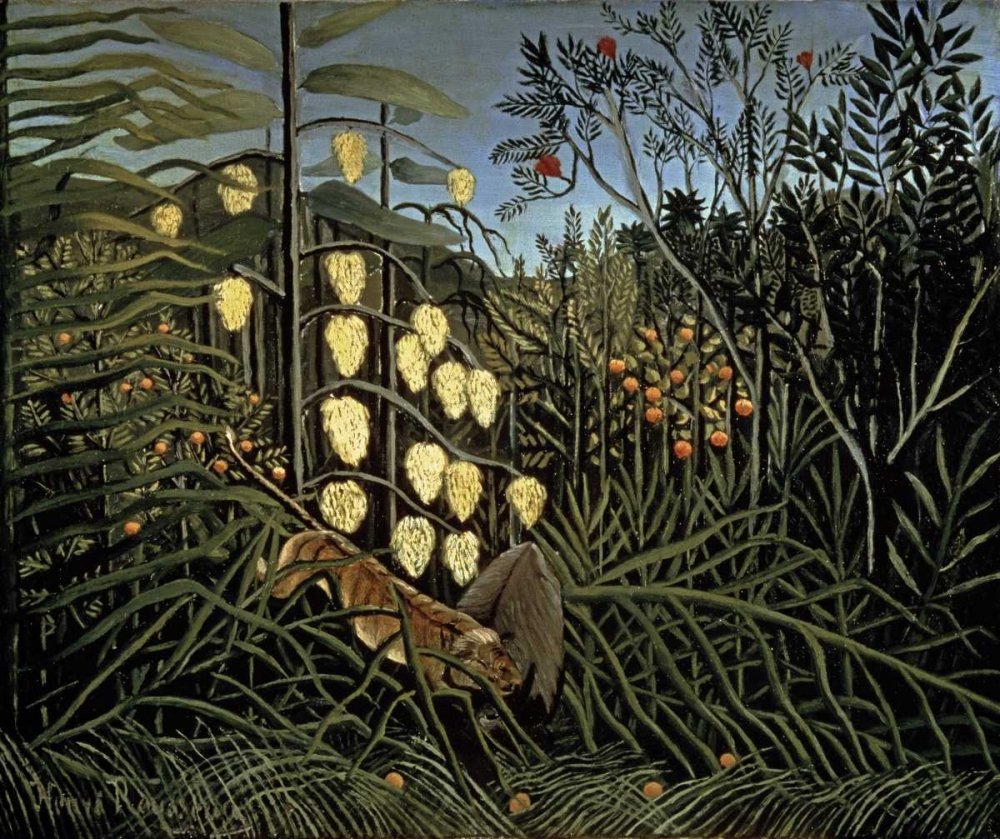 Henri Rousseau Tropical Forest Art Print - Battling Tiger and Bull Fine Art Poster 35x43 Inch - Jungle Theme Wall Decor for Living Room, Office & Nursery