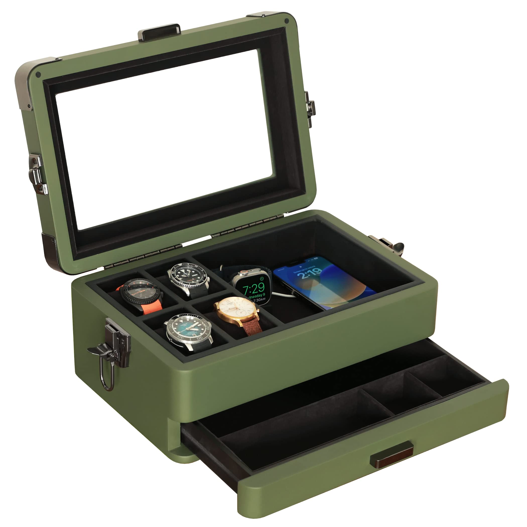 Military 10 Slot Watch Box Organizer for Men - Premium Real Glass Top with Modular Valet Tray | Apple Watch Compatible Stand & Accessory Drawer | Perfect for Travel, Home Display & Watch Collection Storage
