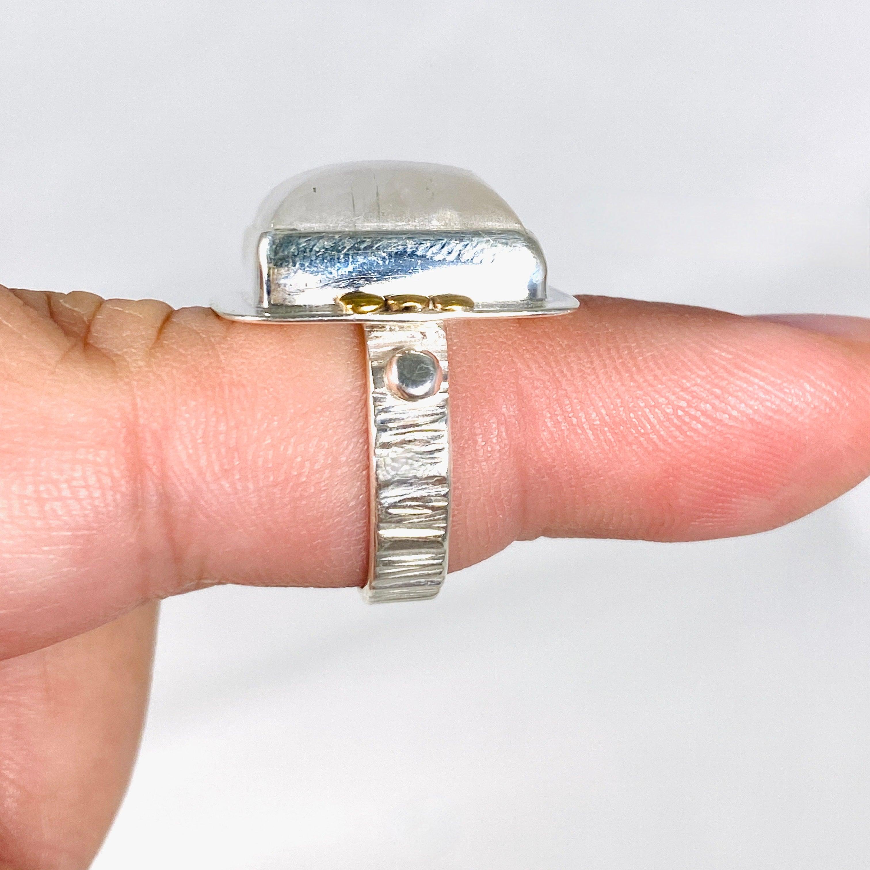 Moonstone Square Ring with Brass Detailing - Size 7 Sterling Silver Jewelry for Women, Elegant Boho Chic Accessory | Perfect for Weddings, Date Nights & Special Occasions