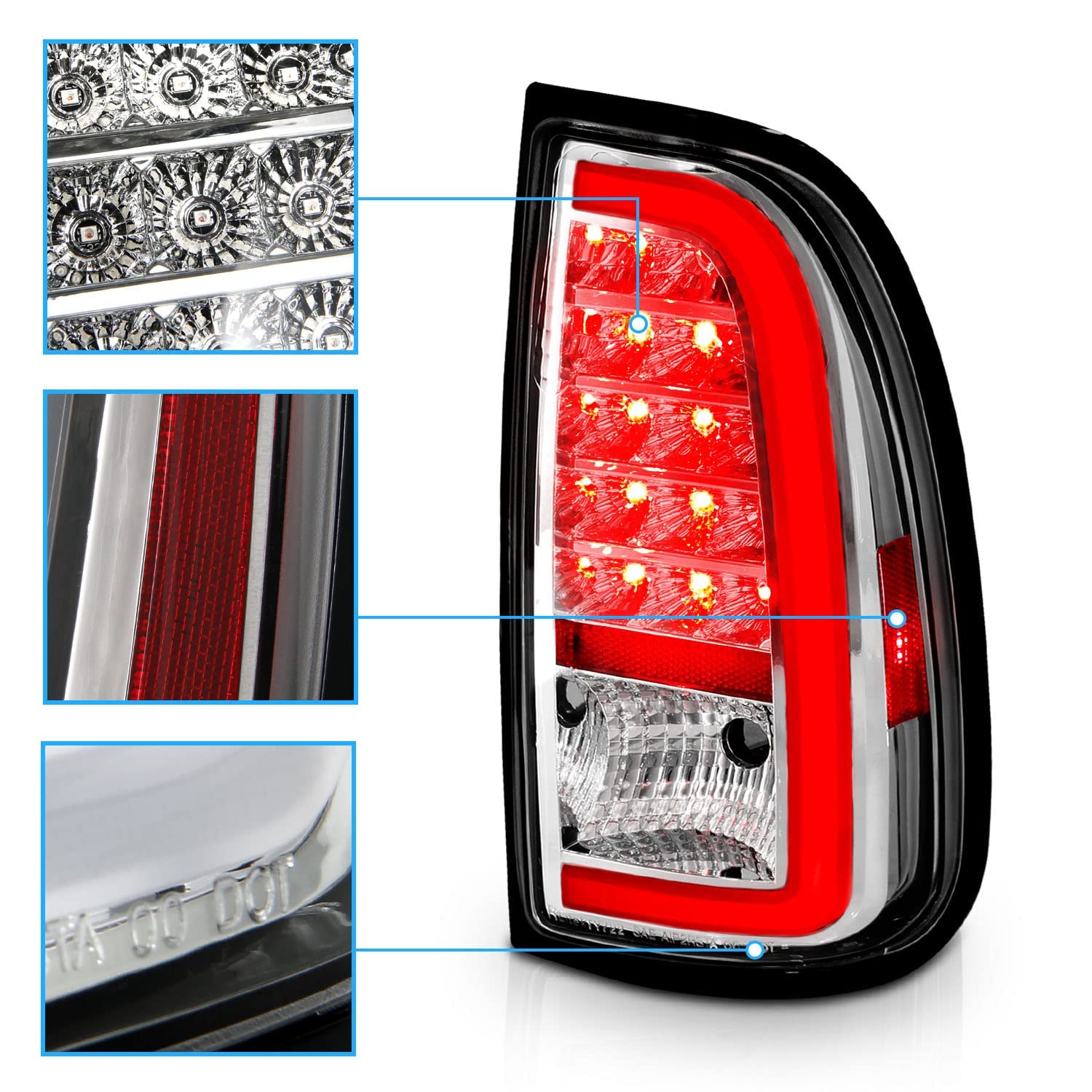 AmeriLite LED Brake Tail Lights for 2000-2006 Toyota Tundra Standard Access Cab | C-Type Chrome Replacement Lights Pair (Driver & Passenger Side) | Enhanced Visibility & Style for Night Driving & Custom Truck Upgrades