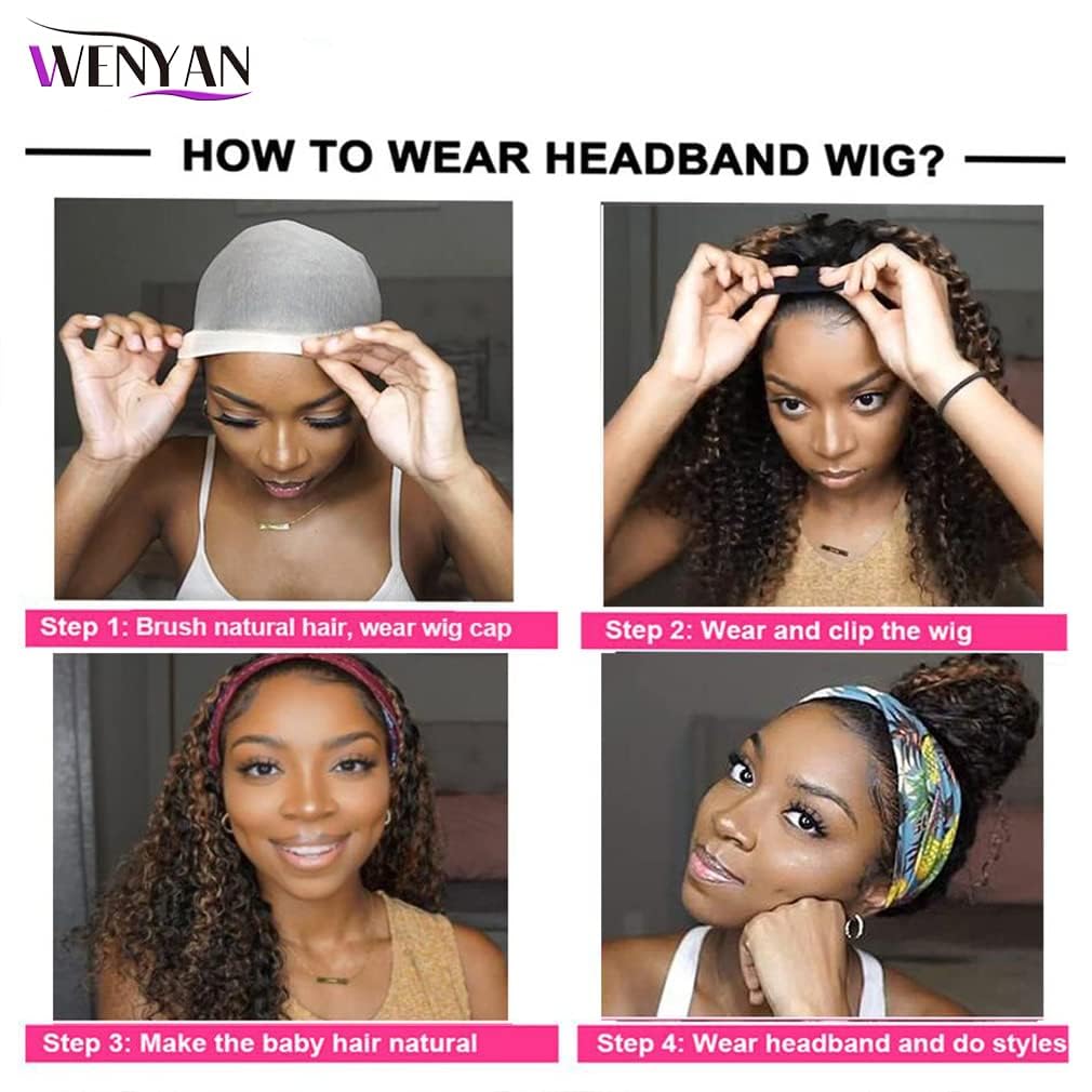 WENYAN Ombre Headband Wig - 26 Inch Deep Wave Human Hair Wig for Black Women | #4/27 Highlight Curly Glueless Lace-Free Brazilian Virgin Hair | 150% Density Machine Made | Perfect for Daily Wear, Parties & Protective Styling
