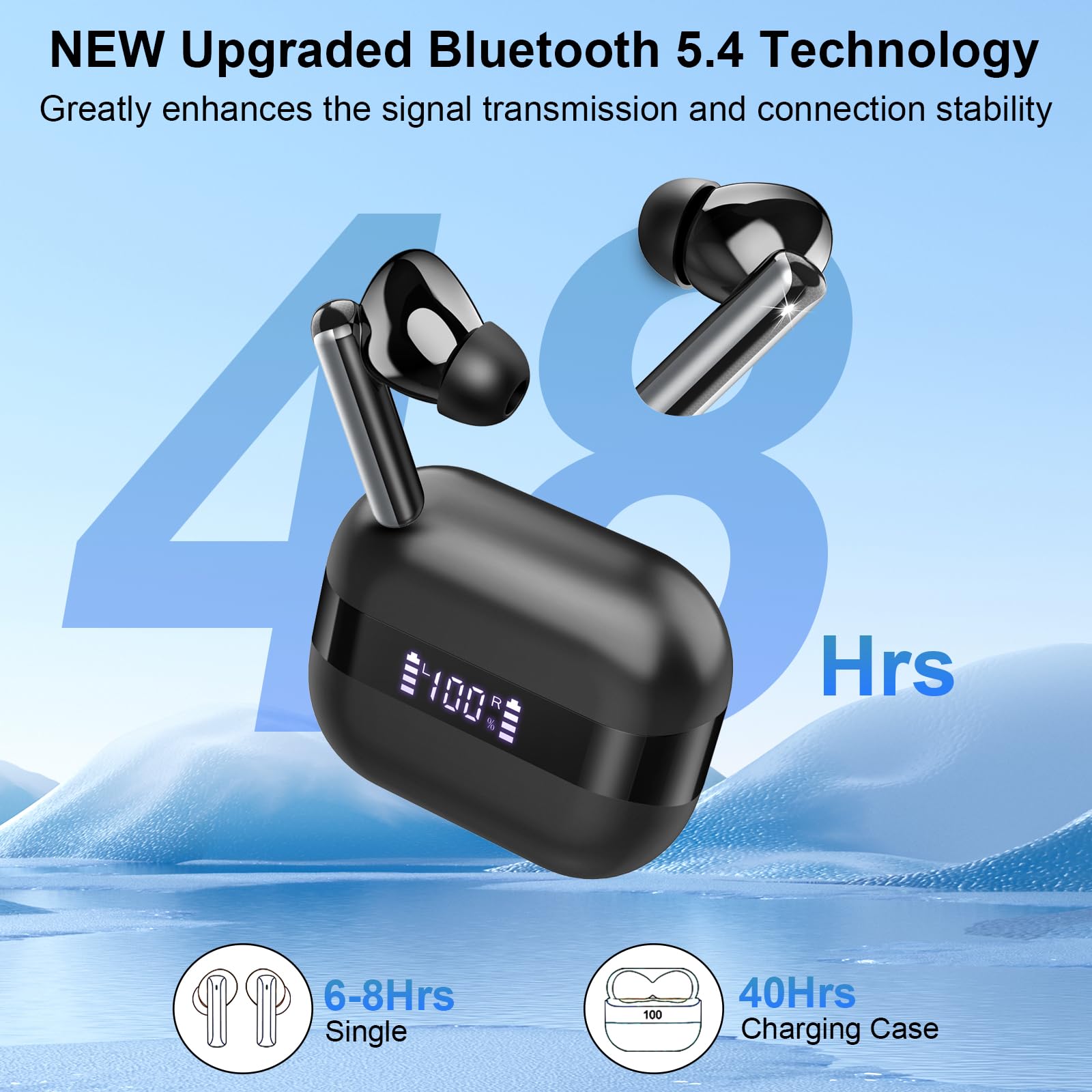 2025 Wireless Bluetooth 5.4 Earbuds with Deep Bass Stereo, 4-Mic ENC Noise Cancelling, 48H Playtime & LED Display Charging Case, IP7 Waterproof In-Ear Headphones (Black) - Perfect for Gym, Running, Travel & Work Calls