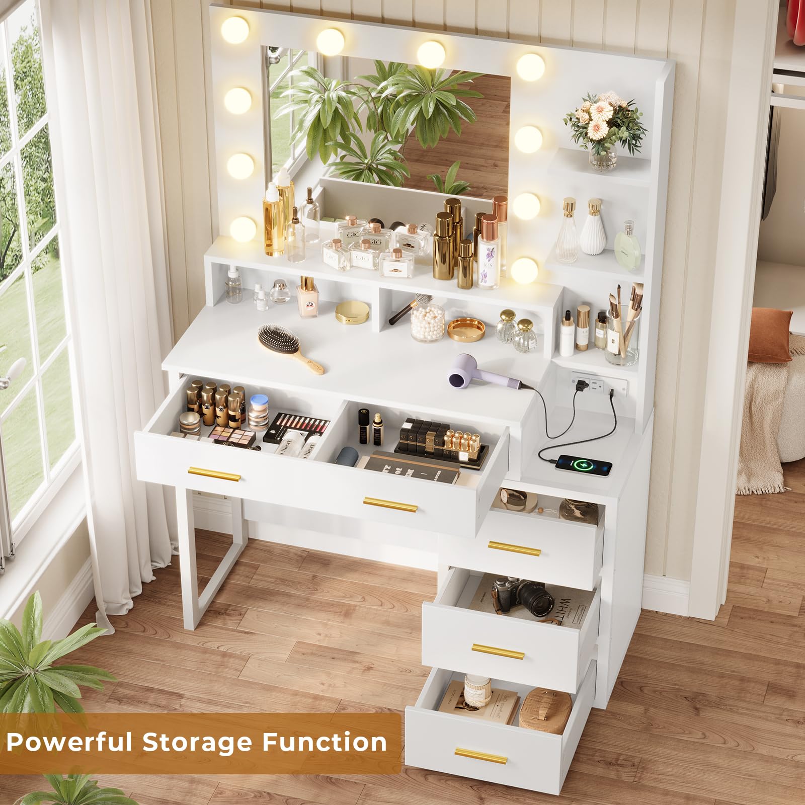 Modern White Makeup Vanity Set with 10 LED Bulbs & 3 Lighting Modes - Adjustable Mirror, 2 USB Ports, Outlets, Storage Shelves & Drawers - Perfect for Bedroom, Dressing Room & Beauty Salon